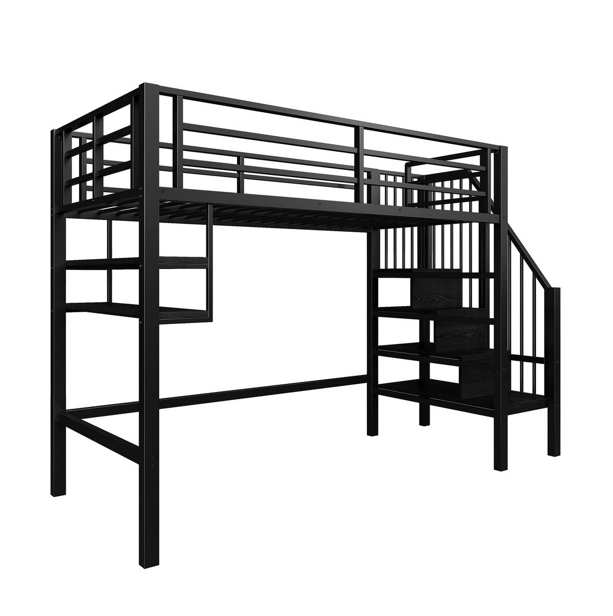 HOCHBETT 90/200 cm, Schwarz mit Stauraumleiter und Einlegeböden ohne Matratze - Schwarz, Metall (90/200cm) - MIVRAY