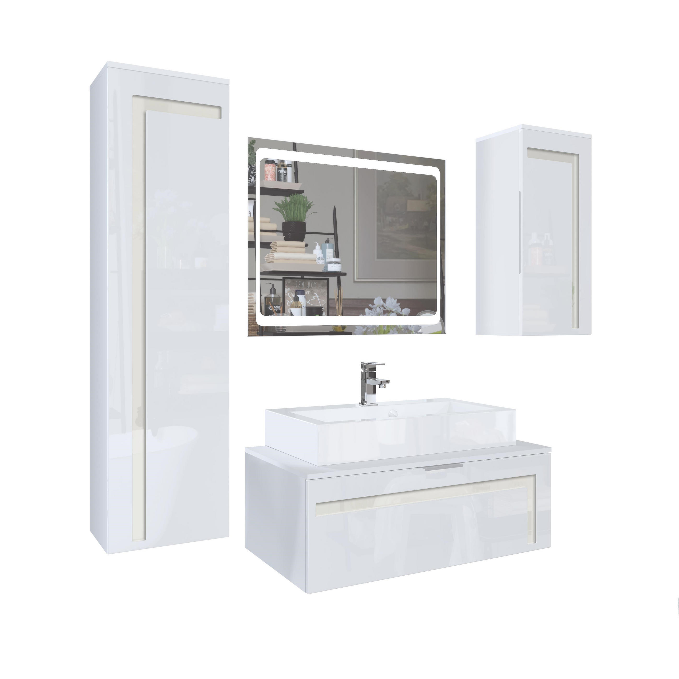 BADMÖBELSET Aloha Absetzungen in Creme Hochglanz - Creme, Holzwerkstoff (200/193/51cm) - Vladon