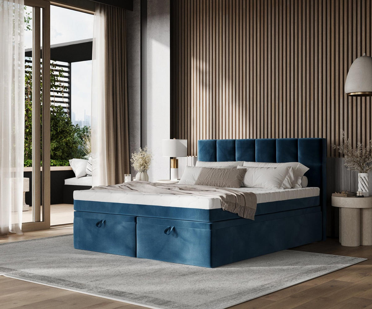 BOXBETT Elano 200/200 cm Dunkelblau im Kronos Stoff - Schwarz/Dunkelblau, Holz/Holzwerkstoff (200/200cm) - AltaBeds
