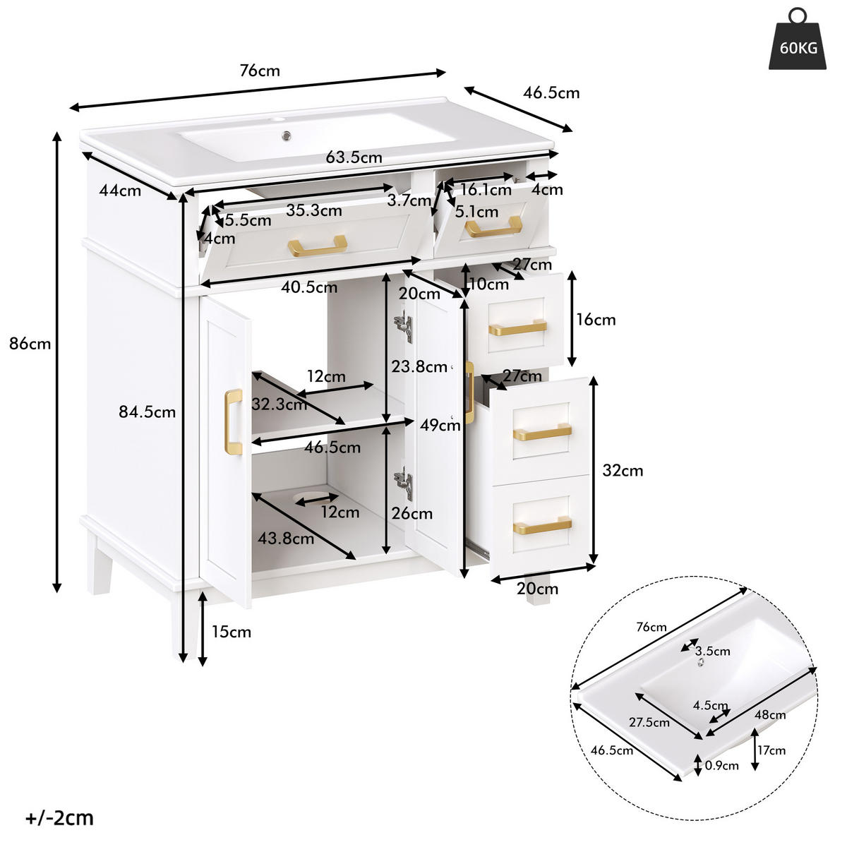 WASCHBECKENUNTERSCHRANK Keramik Soft-Close Stauraum Weiß - Weiß, Metall (76/86/46.5cm) - FLIEKS
