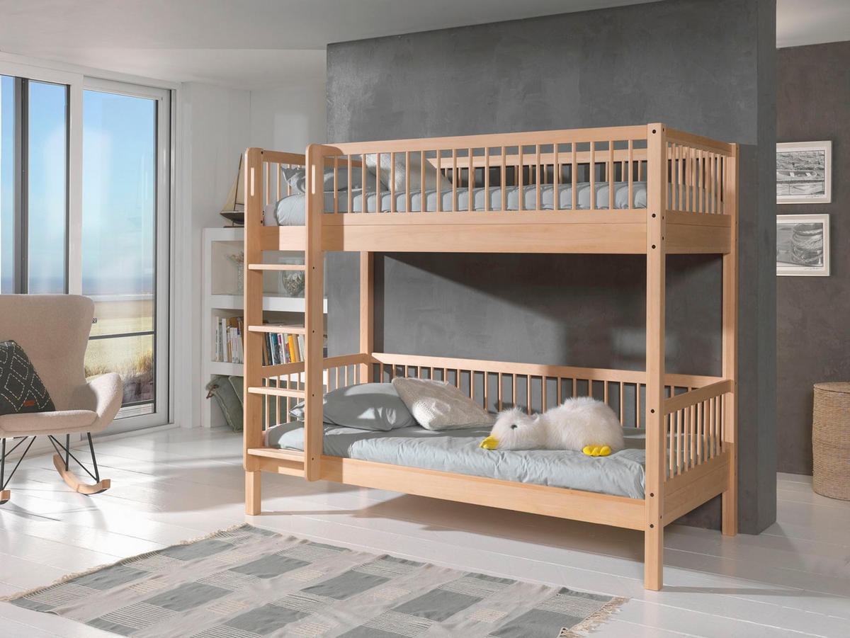 ETAGENBETT Kelci 2x90x200 mit Leiter Buche Massivholz natur - Buchefarben, Holz (90/200cm) - 58aufmkessel