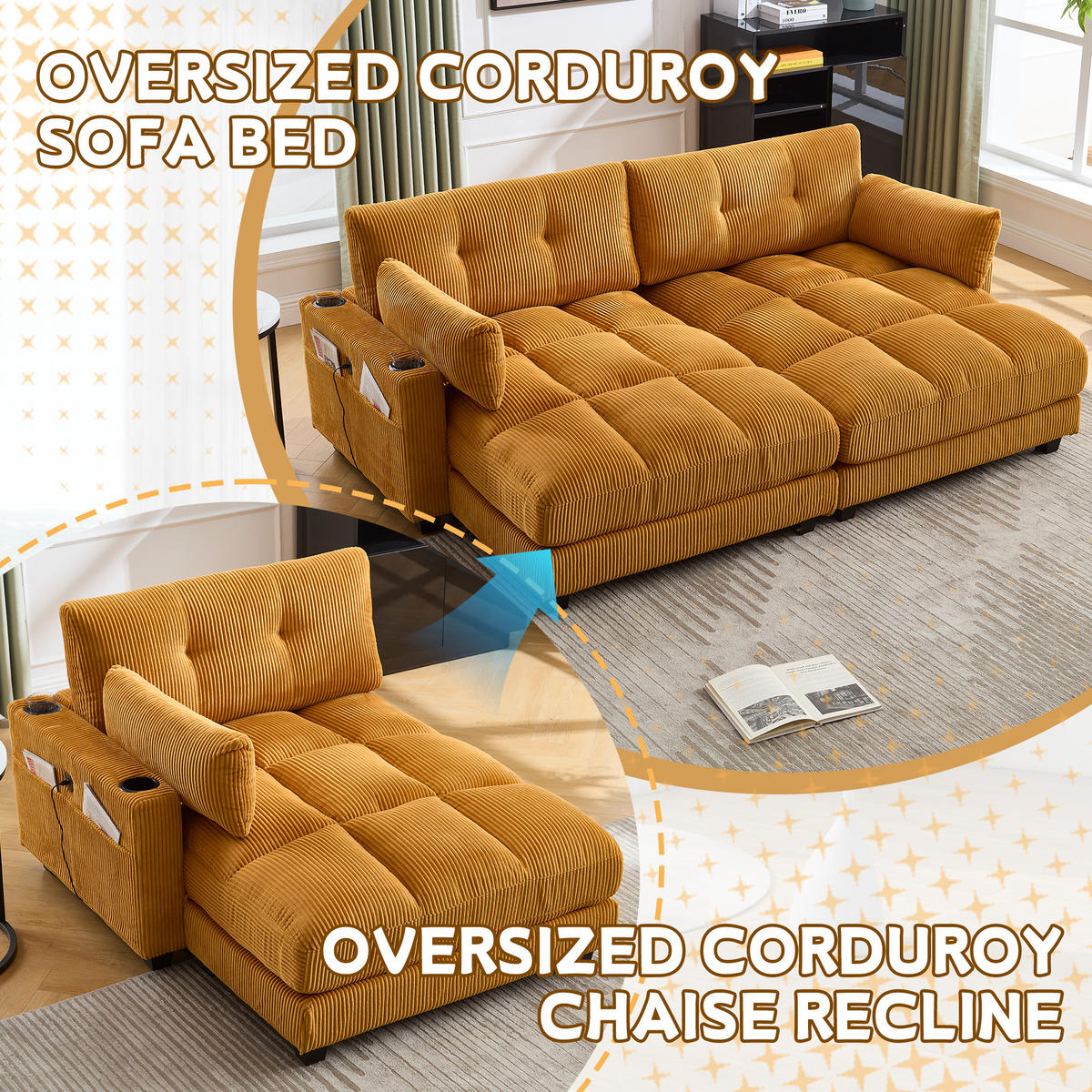 RÉCAMIERE Cord Senfgelb mit USB, Getränkehaltern und Seitentasche - Orange, Holzwerkstoff/Kunststoff (140/81/121cm) - WISHDOR