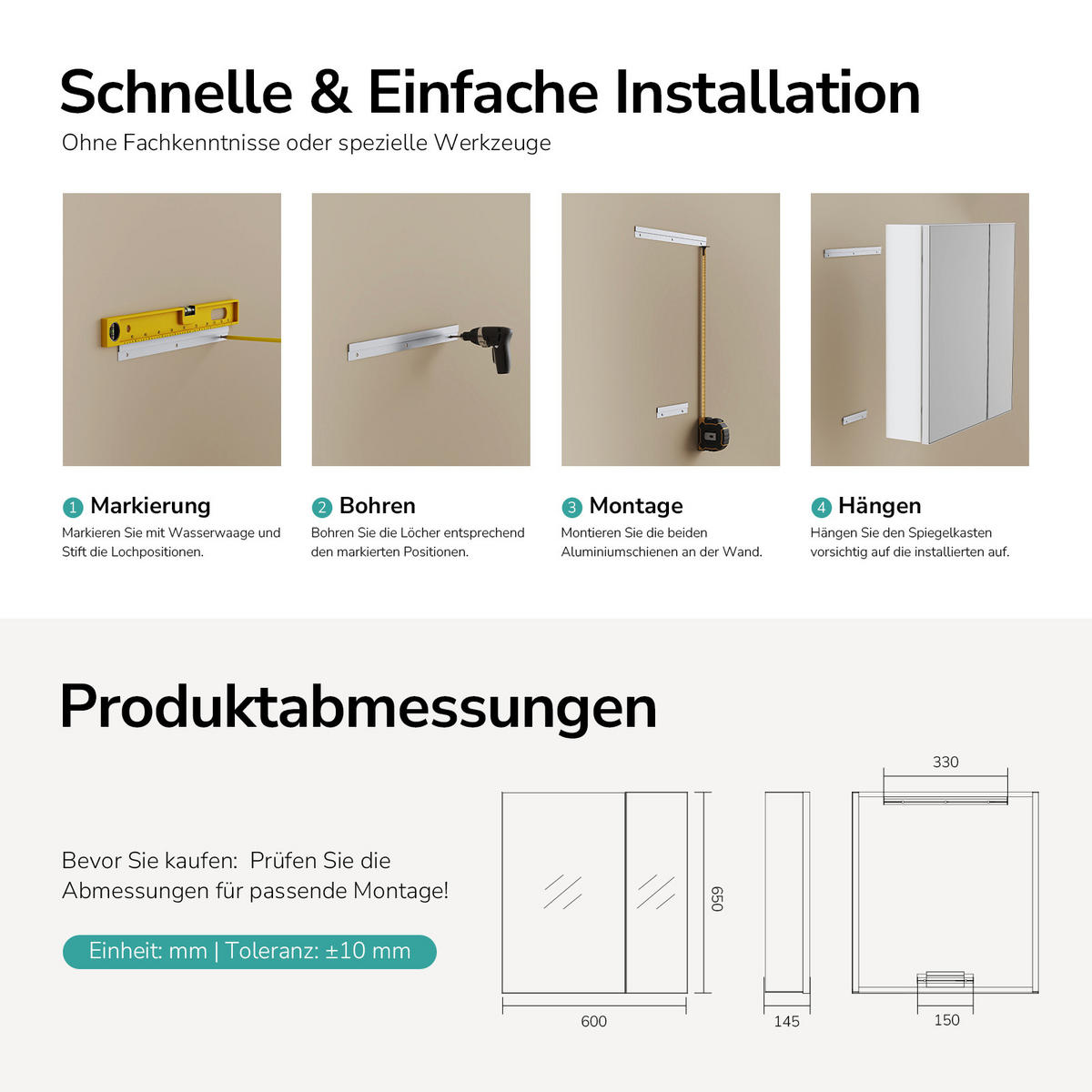 SPIEGELSCHRANK doppeltürig mattweiß 65/60/14,5 cm - Weiß, Glas (60/65/15cm) - EMKE