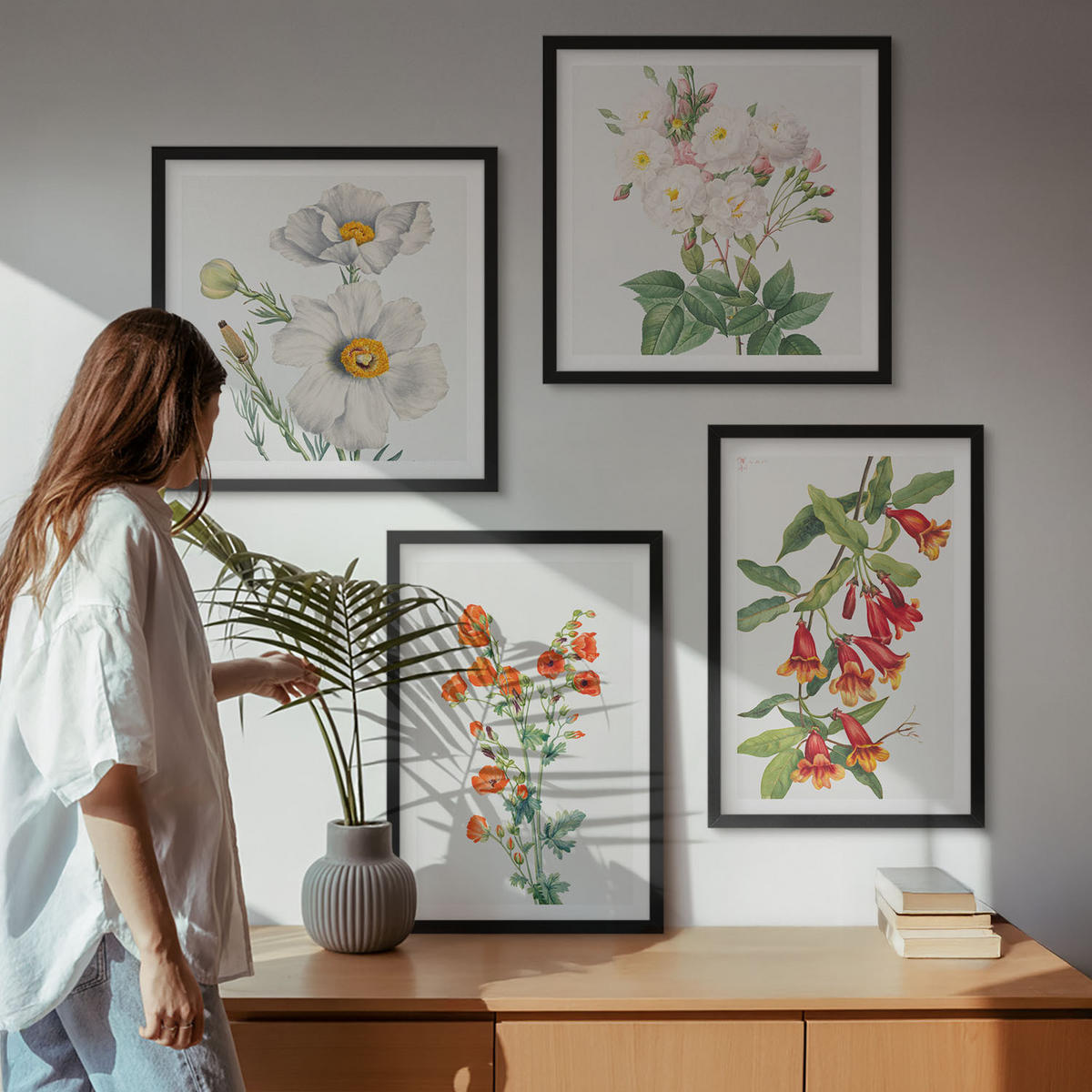 BILDER SET 4er Set - 50x50 cm & 40x60 cm Schwarzer Rahmen - Retro-Blumenmalerei - Schwarz, Kunststoff (50/50cm) - TULUP
