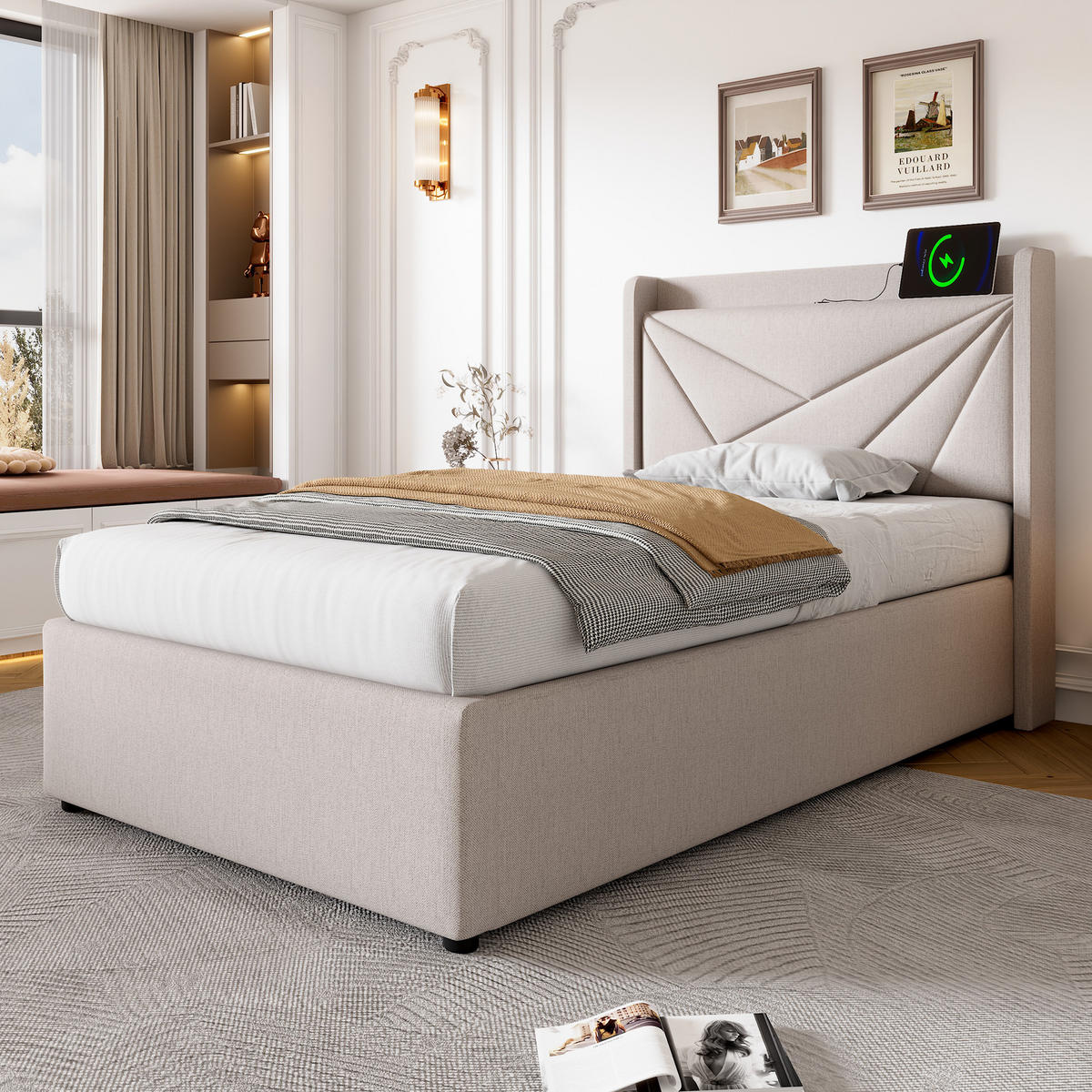 POLSTERBETT 90/200 cm Beige mit Stauraum und USB- und Type-C-Anschlüssen aus Baumwolle-Leinen - Beige, Textil (90/200cm) - OKWISH