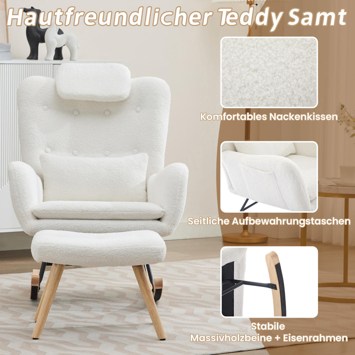 RELAX-SCHAUKELSTUHL 73/92/102 cm mit Hocker und Teddybezug – bis 100 kg belastbar - Weiß, Textil (92/102/73cm) - BEAOK