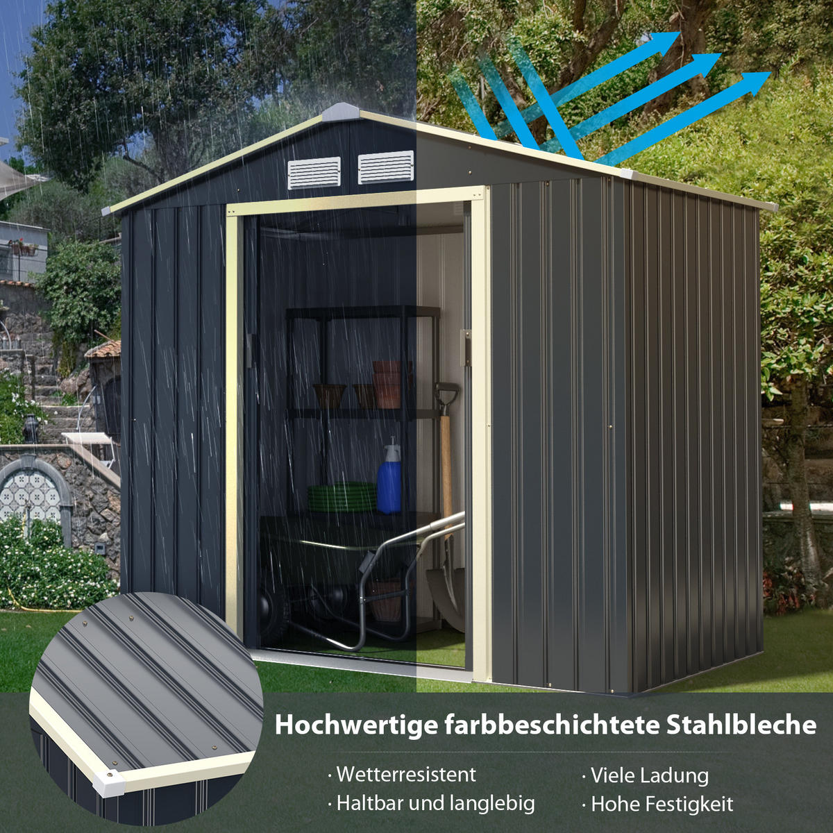 GERATEHAUS Metall abschließbar Grau - Grau, Metall (127/195/213cm) - COSTWAY