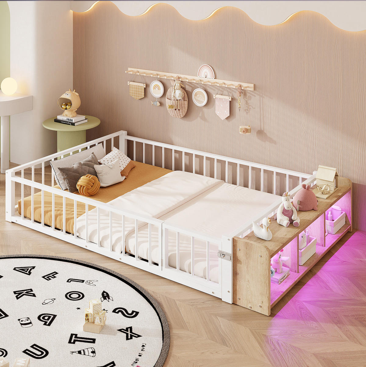 KINDERBETT 140/200 cm mit Schutzgeländer, offenem Staufach und LED-Beleuchtung, Weiß - Weiß, Holzwerkstoff (140/200cm) - Redom