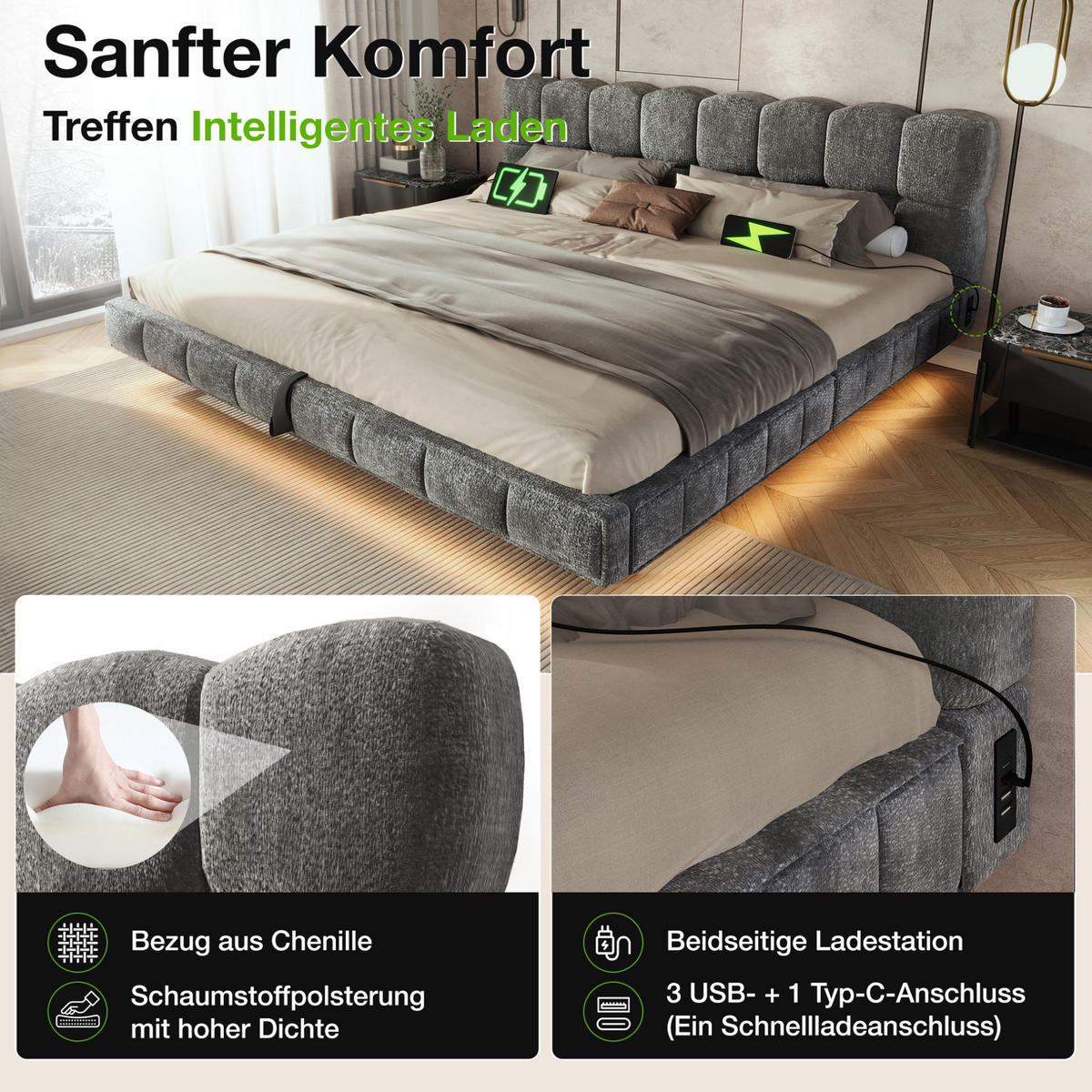 POLSTERBETT aus Chenille 180x200 cm Grau mit Bettkasten, LED-Beleuchtung und USB-/Typ-C-Anschlüssen - Grau, Textil (180/200cm) - Modfu