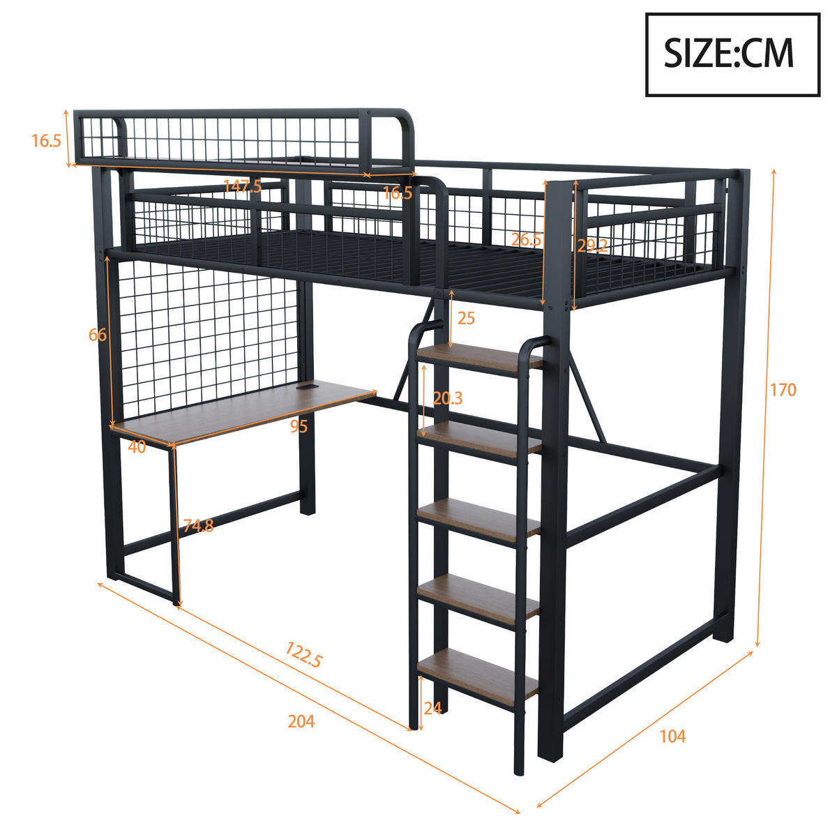 HOCHBETT 90/200 cm in Schwarz mit Schreibtisch, Ablagekorb, LED und Steckdose Metall-Design - Schwarz, Holzwerkstoff/Metall (90/200cm) - STILVORA