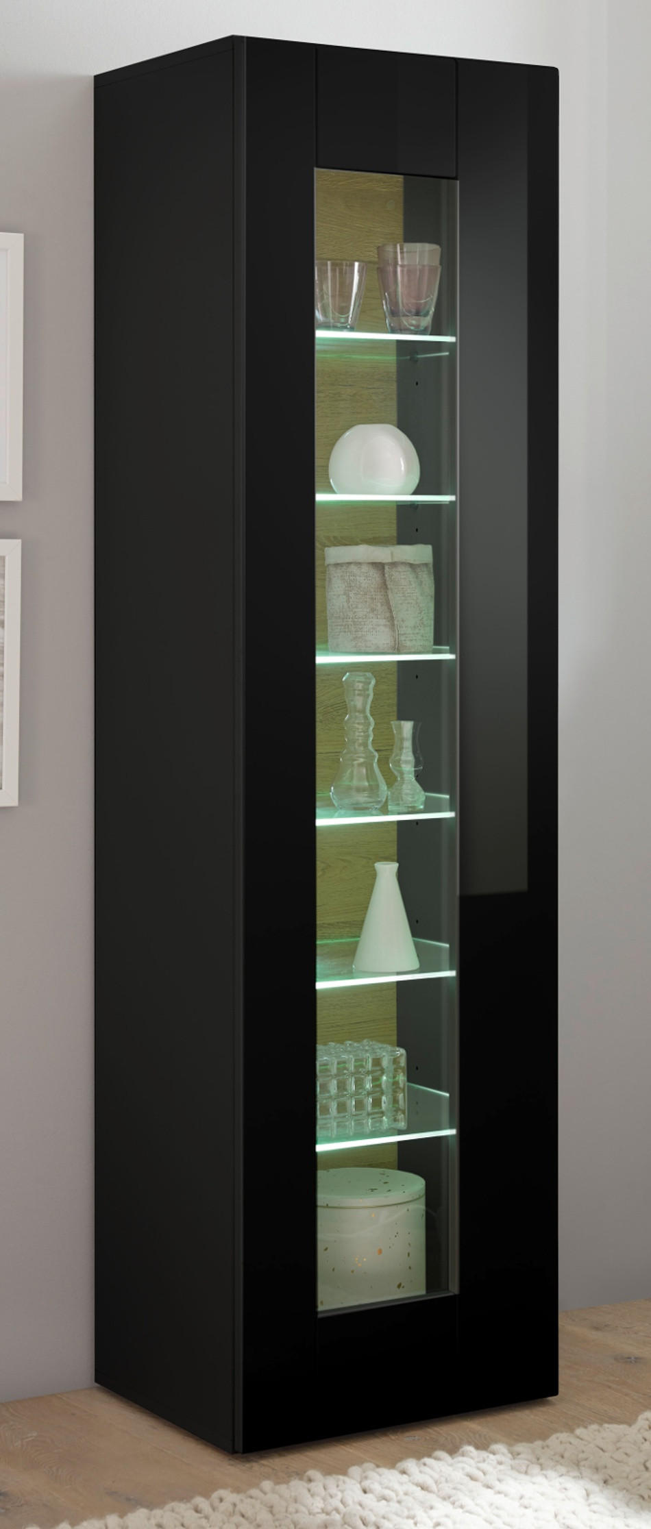 VITRINE schwarz Hochglanz, Grandson Eiche, Vitrinenschrank hängend, stehend 45 x 166 cm - Schwarz Hochglanz/Eichefarben, Glas/Holzwerkstoff (45/166/38cm) - Furn.Design
