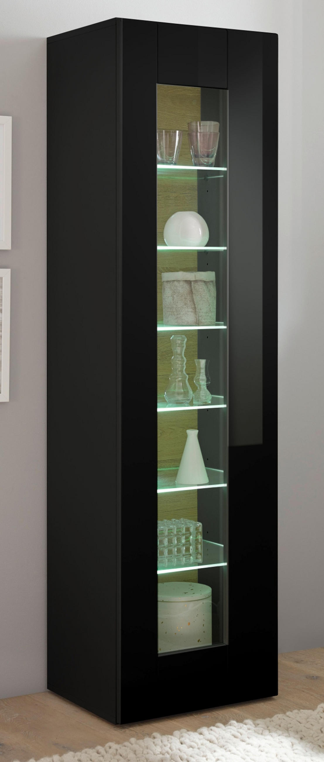 VITRINE schwarz Hochglanz, Grandson Eiche, Vitrinenschrank hängend, stehend 45 x 166 cm - Schwarz Hochglanz/Eichefarben, Glas/Holzwerkstoff (45/166/38cm) - Furn.Design