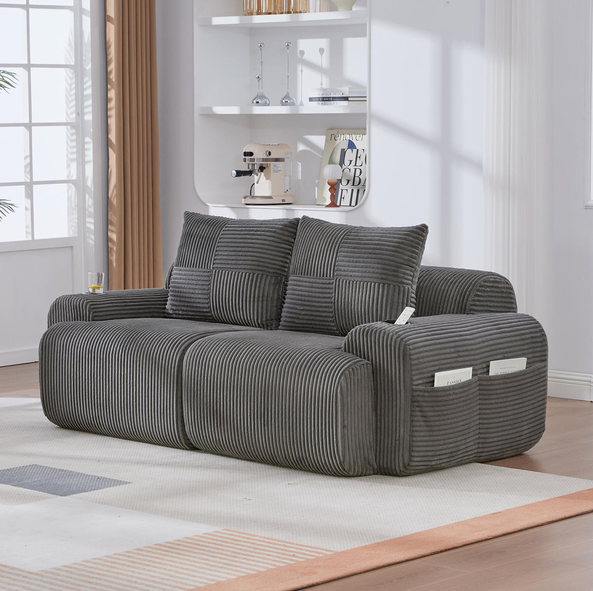 2-SITZER-SOFA aus Cordstoff 200x99x80 cm in Dunkelgrau mit Cupholder - Dunkelgrau, Textil (99/80/200cm) - Modfu
