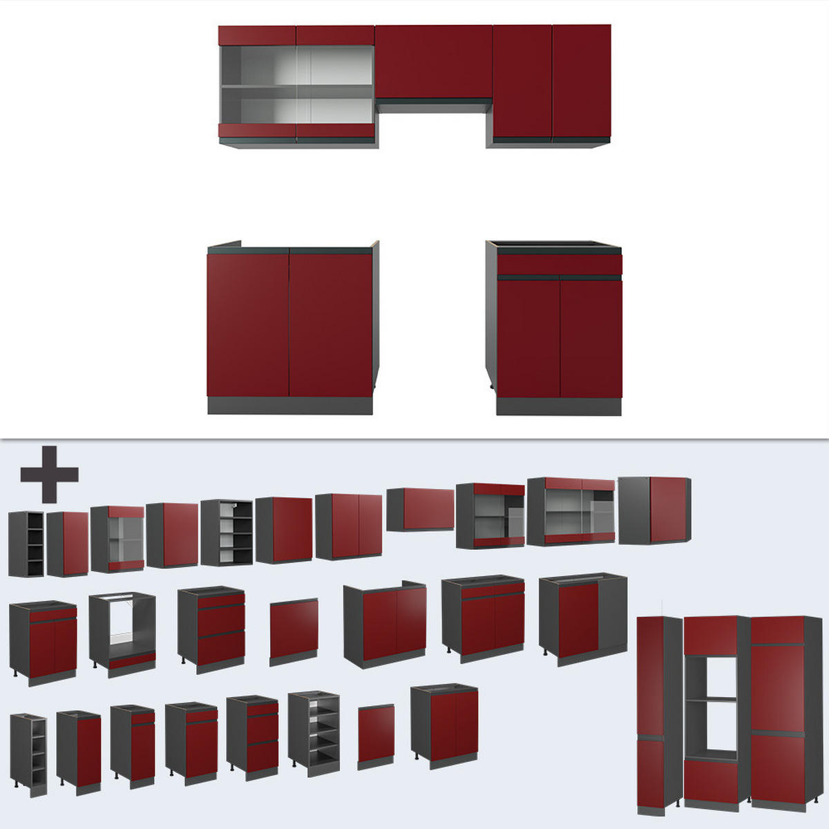 KÜCHENZEILE R-Line Rot/Anthrazit 200 cm, AP Marmor - Anthrazit/Rot, Holzwerkstoff (200/81.6/60cm) - Vicco
