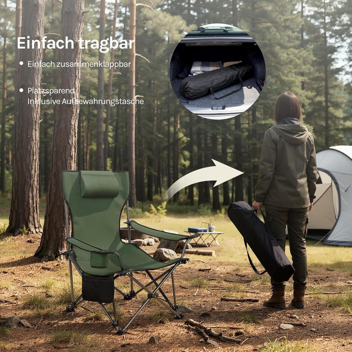 CAMPINGSTUHL Faltbar mit Fußablage Grün - Grün, Textil (84/88.5/160cm) - Woltu