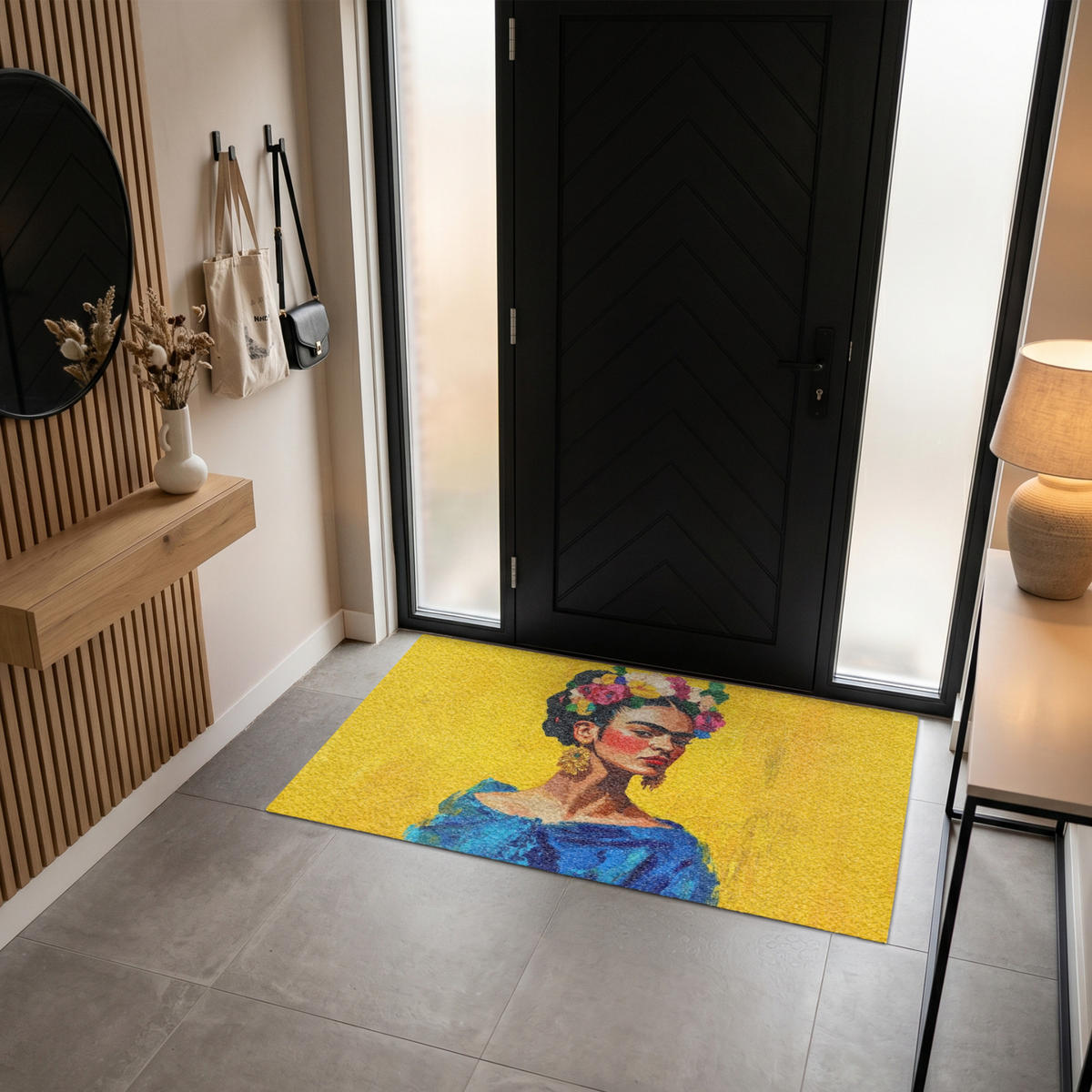 FUSSMATTE Frida Kahlo - Frau - Gelb - Blau - Blumen Schmutzfangmatte 150x90 cm - Gelb, Kunststoff (150/90cm) - MuchoWow