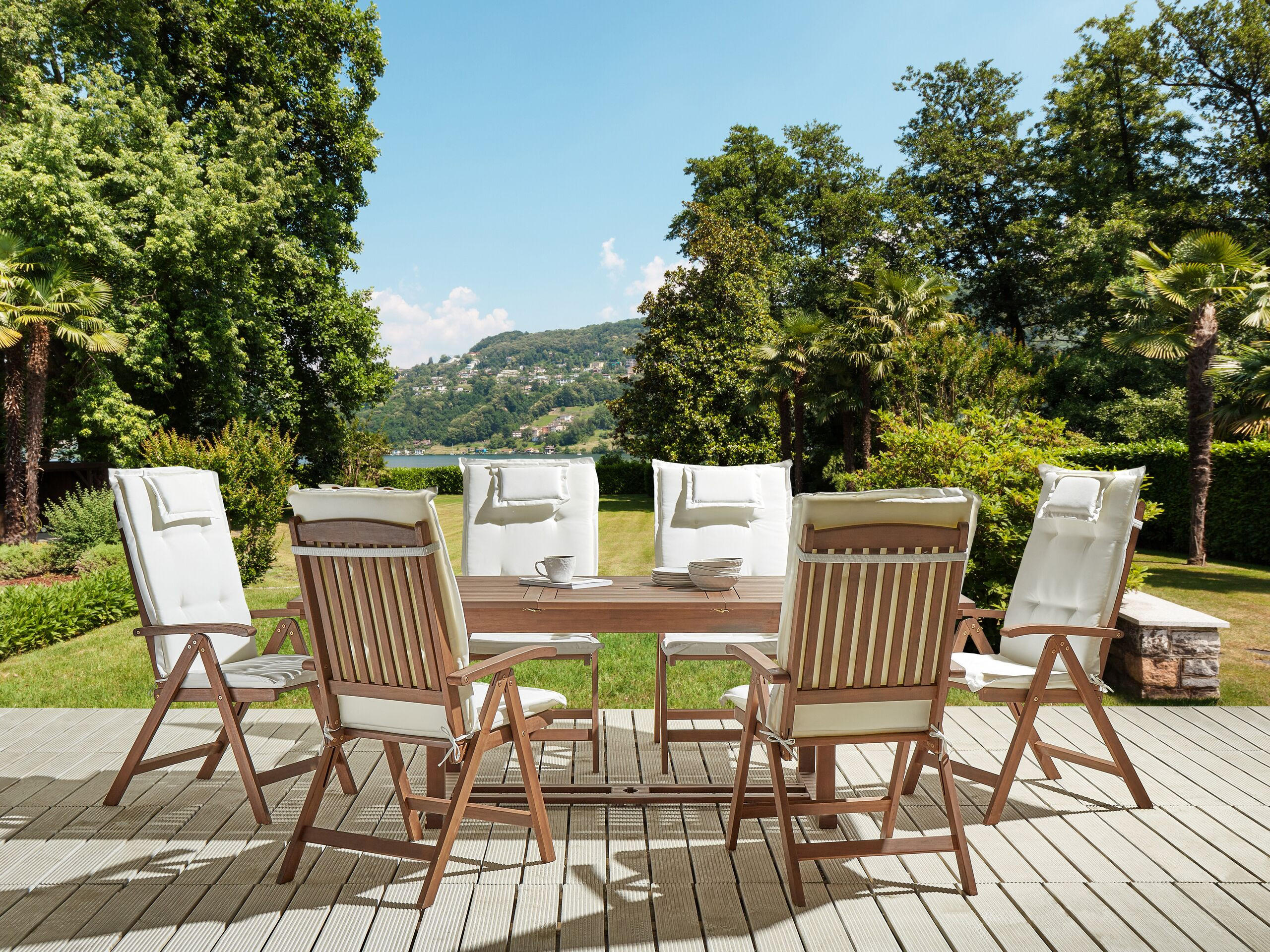 GARTENMÖBEL-SET 6-Sitzer Akazienholz Auflagen cremeweiß Amantea - Dunkelbraun/Weiß, Holz - Beliani