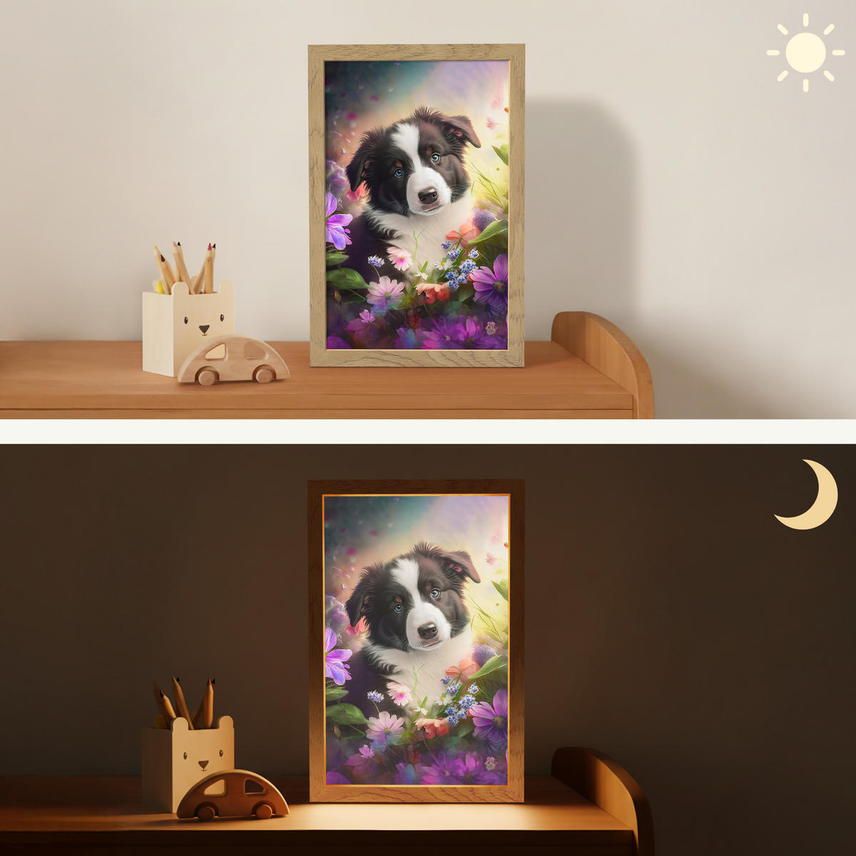 NACHTTISCHLAMPE Welpe - Sonne - Blumen - Natur - Border Collie - Hund 20x30 cm - Violett, Holzwerkstoff (8/20/30cm)