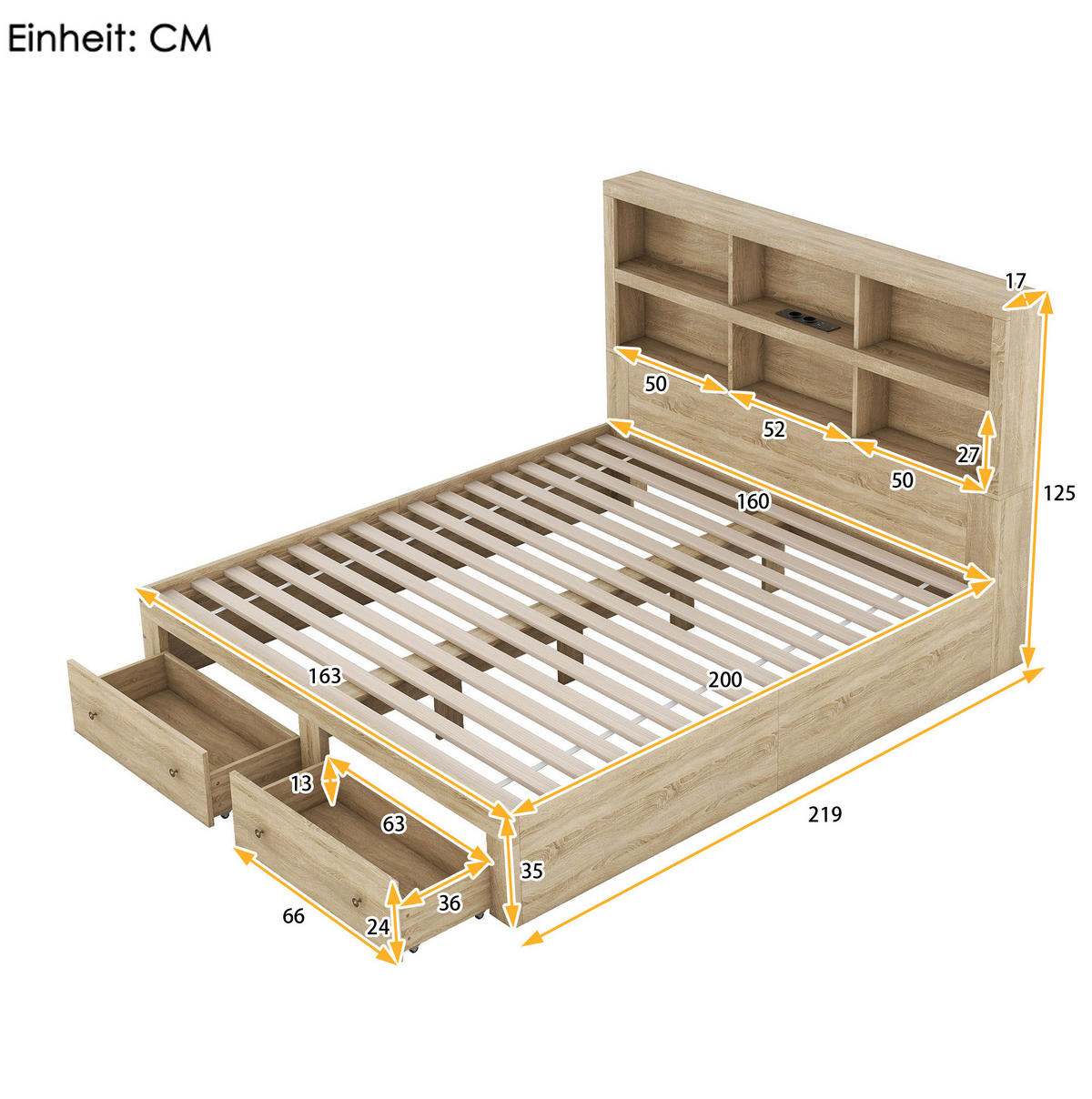 POLSTERBETT aus Spanplatte 160x200 cm in Natur mit USB & Stauraum - Naturfarben, Holzwerkstoff (160/200cm) - Modfu