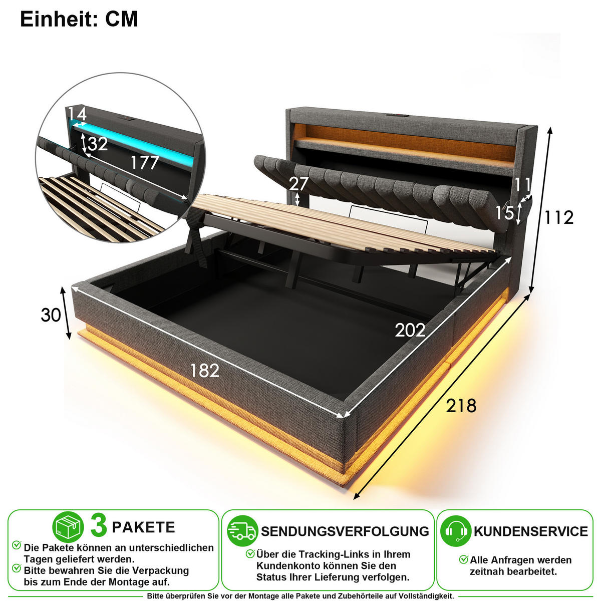 POLSTERBETT 180/200 cm in Grau mit Bettkasten, LED, USB und Type-C Leinen - Grau, Holzwerkstoff/Textil (180/200cm) - CHICFURN