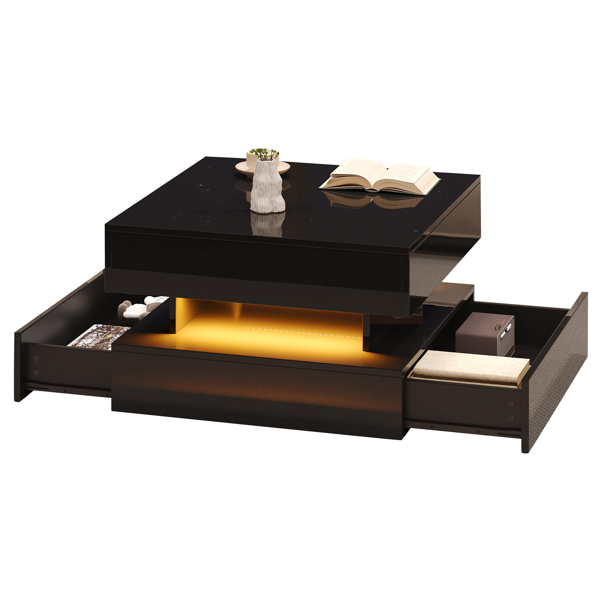 COUCHTISCH 65/65/38,5 cm hochglänzend mit LED-Beleuchtung und 2 Schubladen - Schwarz, Holzwerkstoff (65/65/38.5cm) - OKWISH