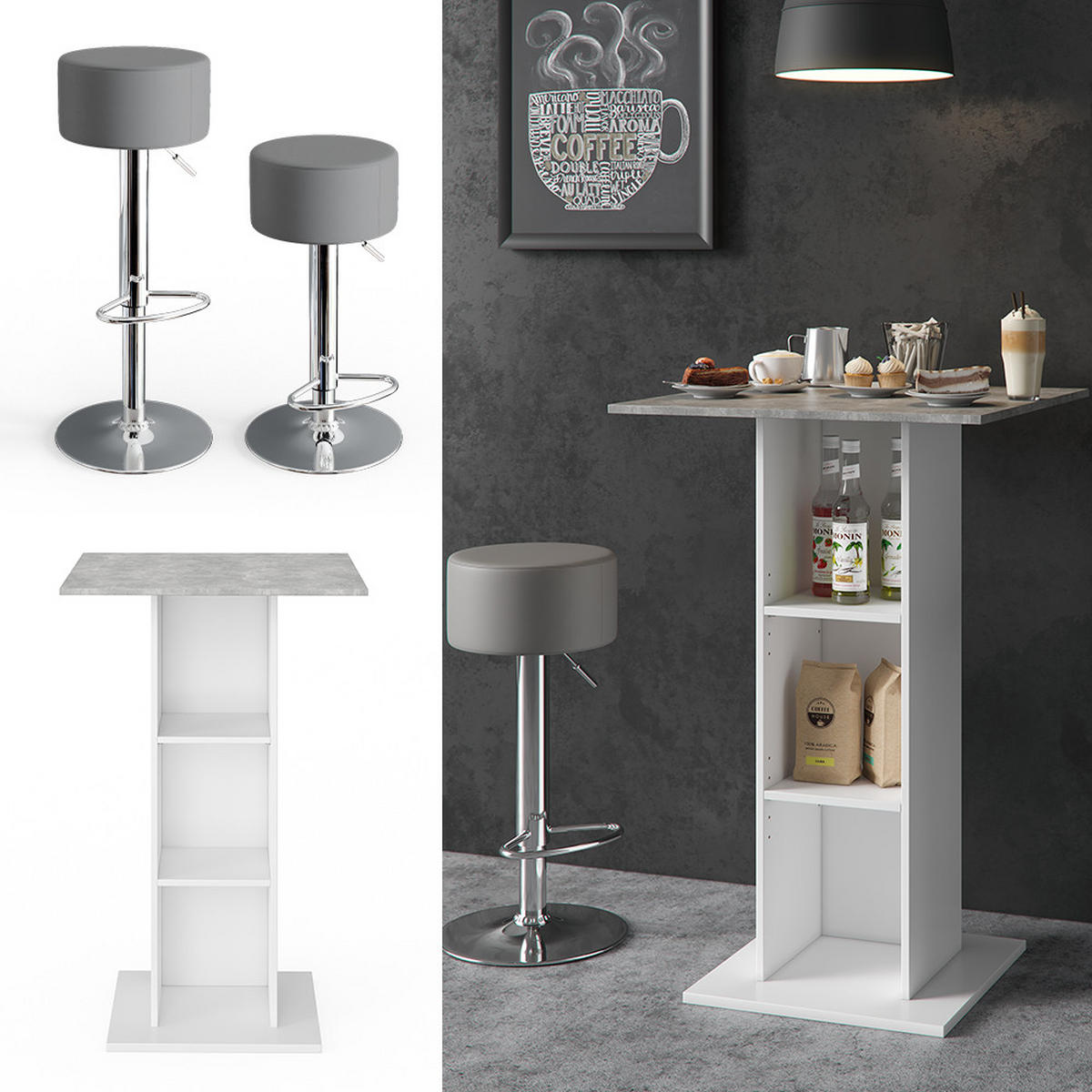 BARTISCH-SET Rodeo Beton 70 x 70 cm mit 2 Barhockern - Grau, Holzwerkstoff (70/109/70cm) - Vicco