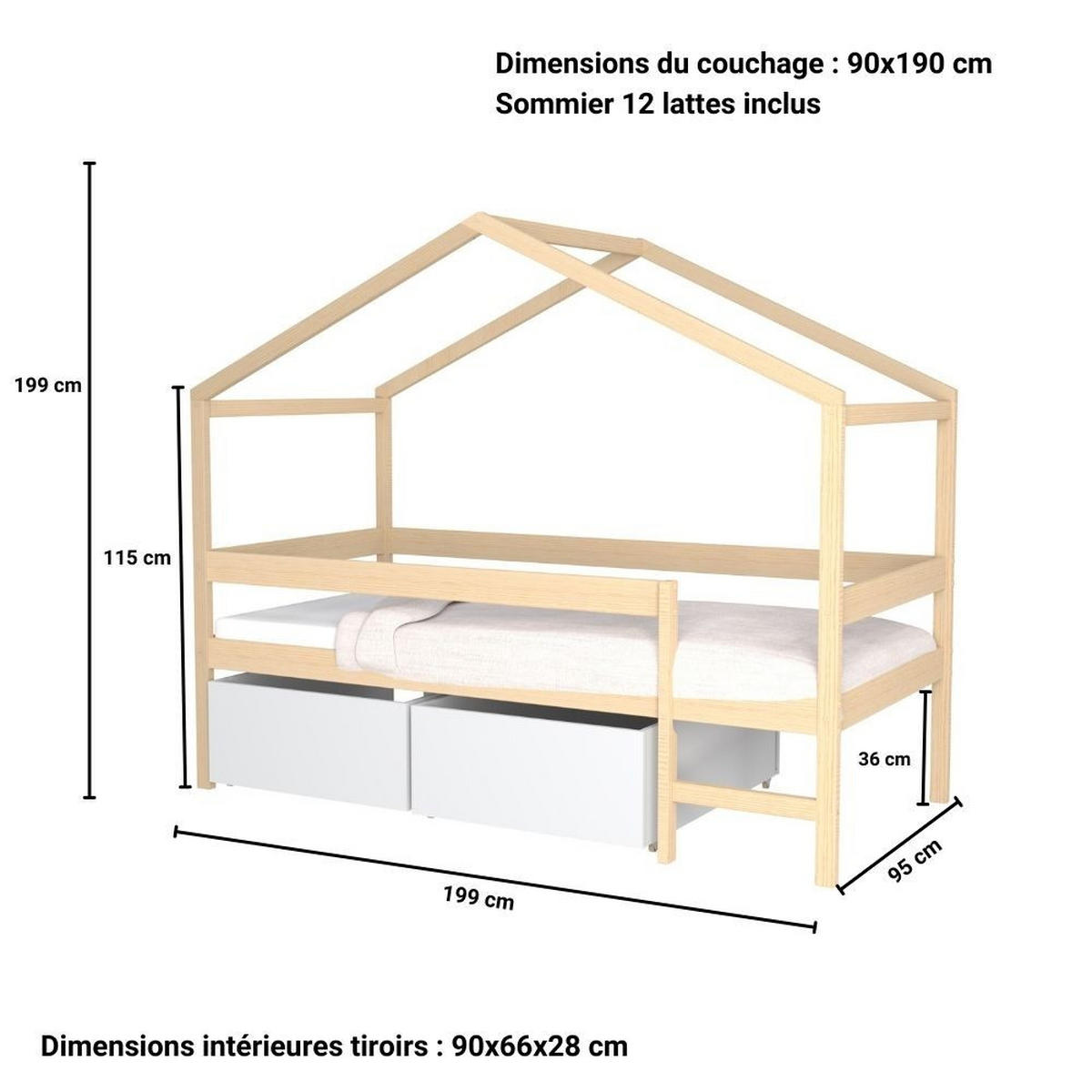 HAUSBETT MIKA mit Matratze und Schublade/ Kinderbett 90x190 - Naturfarbe & Weiß - Multicolor, Holz (90/190cm) - Weber Industries