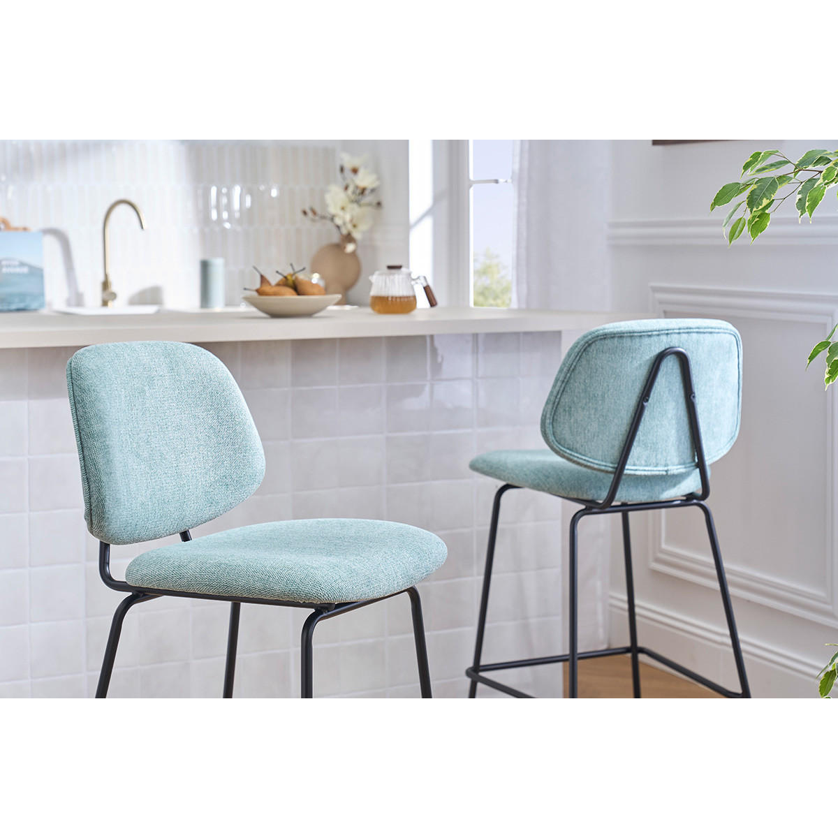 BARHOCKER aus Samt-Effekt-Textil in Celadon-Grün und Metall H66.5 cm BARNET (2er-Set) - Salbeigrün, Textil (52/94.5/46cm) - Miliboo