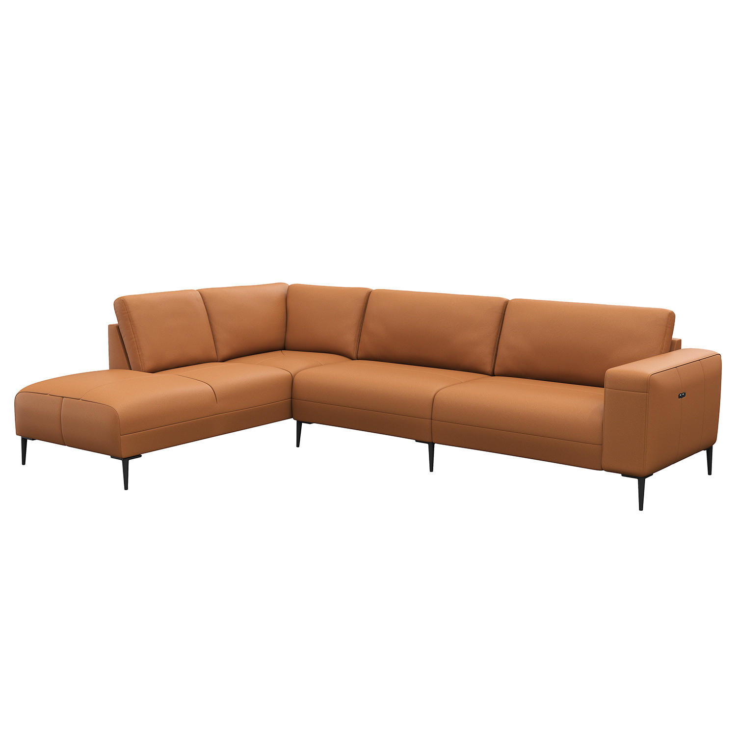 ECKSOFA mit Ottomane - Cognac/Schwarz, Leder/Metall (290/203cm) - home24