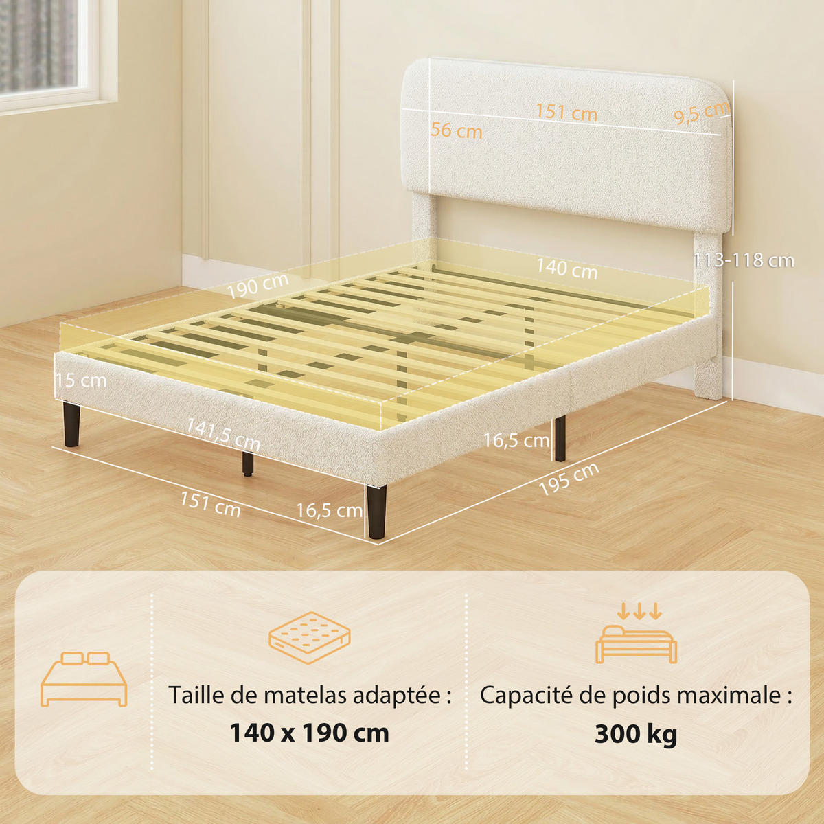 BETT 140x190 cm DE-14666 mit verstellbarem Kopfteil & Teddyvelours Weiß - Weiß, Metall (140/190cm) - ComfortXL
