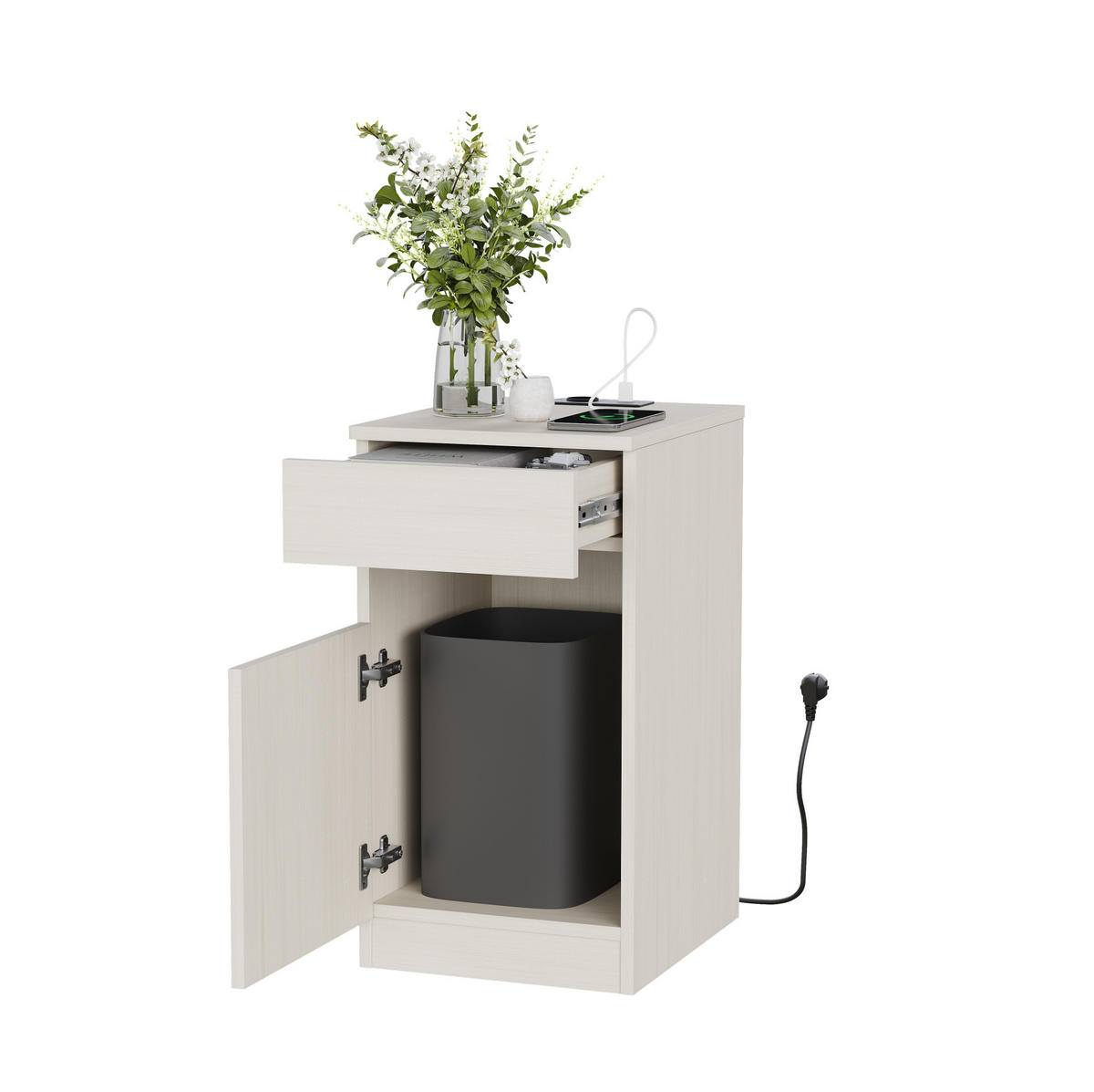 NACHTTISCH aus MDF 40x33x61,5 cm Weiß mit USB, USB-C, Steckdose, Schublade und Mülleimer - Weiß, Holzwerkstoff (33/61.5/40cm) - Modfu