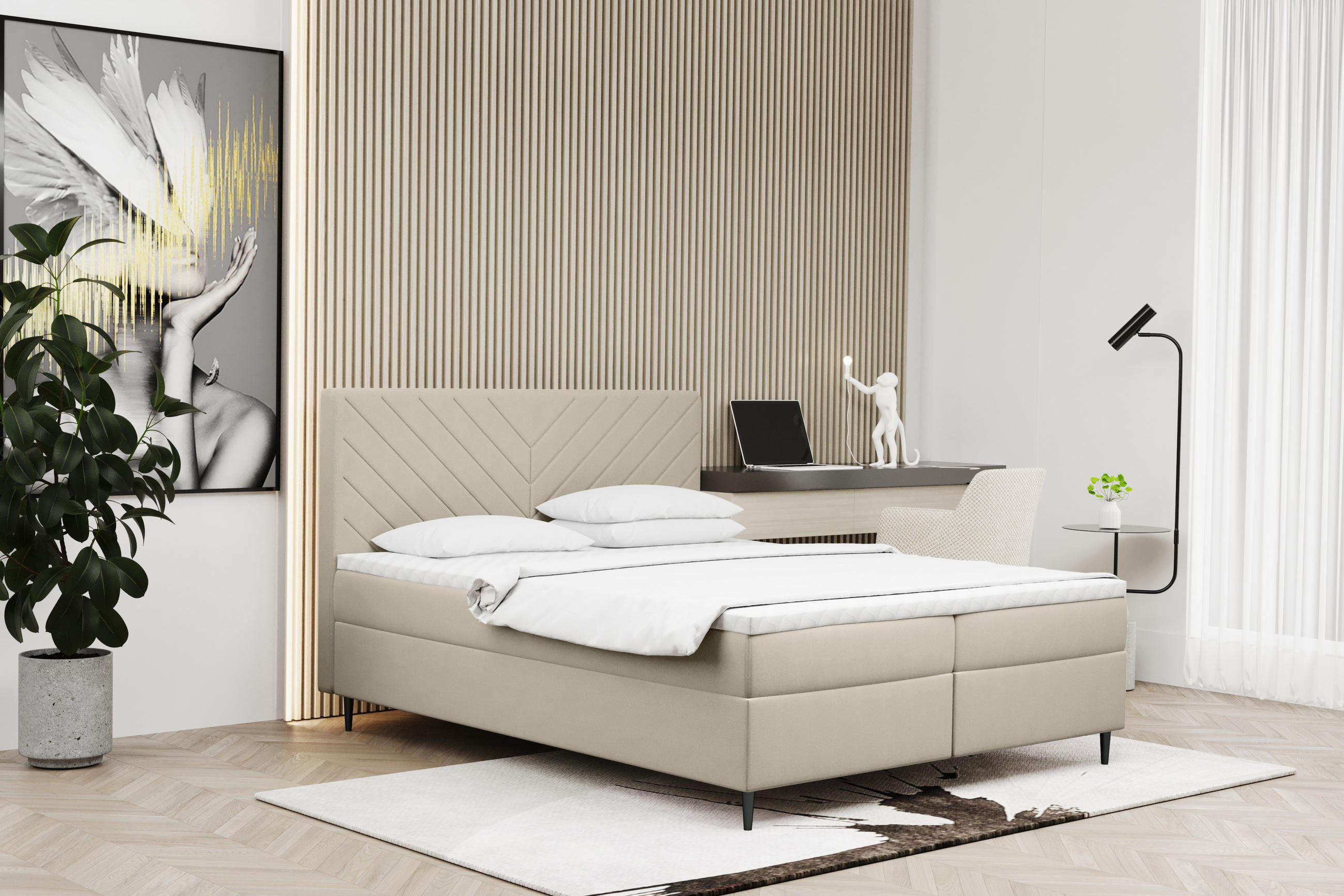 BOXBETT Mit Bettkasten Und Matratze + Topper RUGIA Stoff Velvet Ecru 160x200 cm H2-Pocket - Ecru, Holz/Holzwerkstoff (160/200cm) - Kaiser Möbel