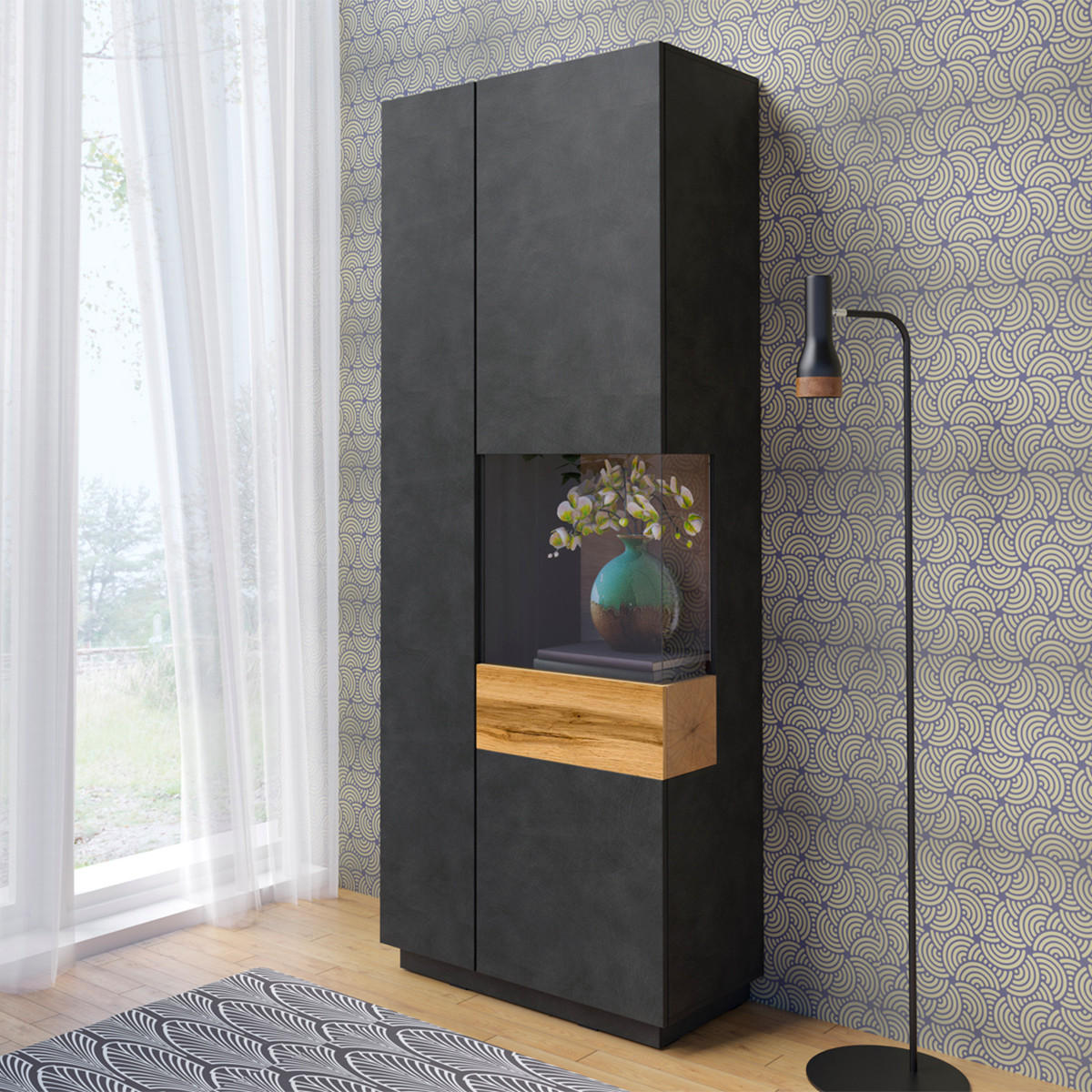 VITRÍNA Andrea Antracitově šedá a dřevo - šedá, kompozitní dřevo (80/207/40cm) - Petits-meubles