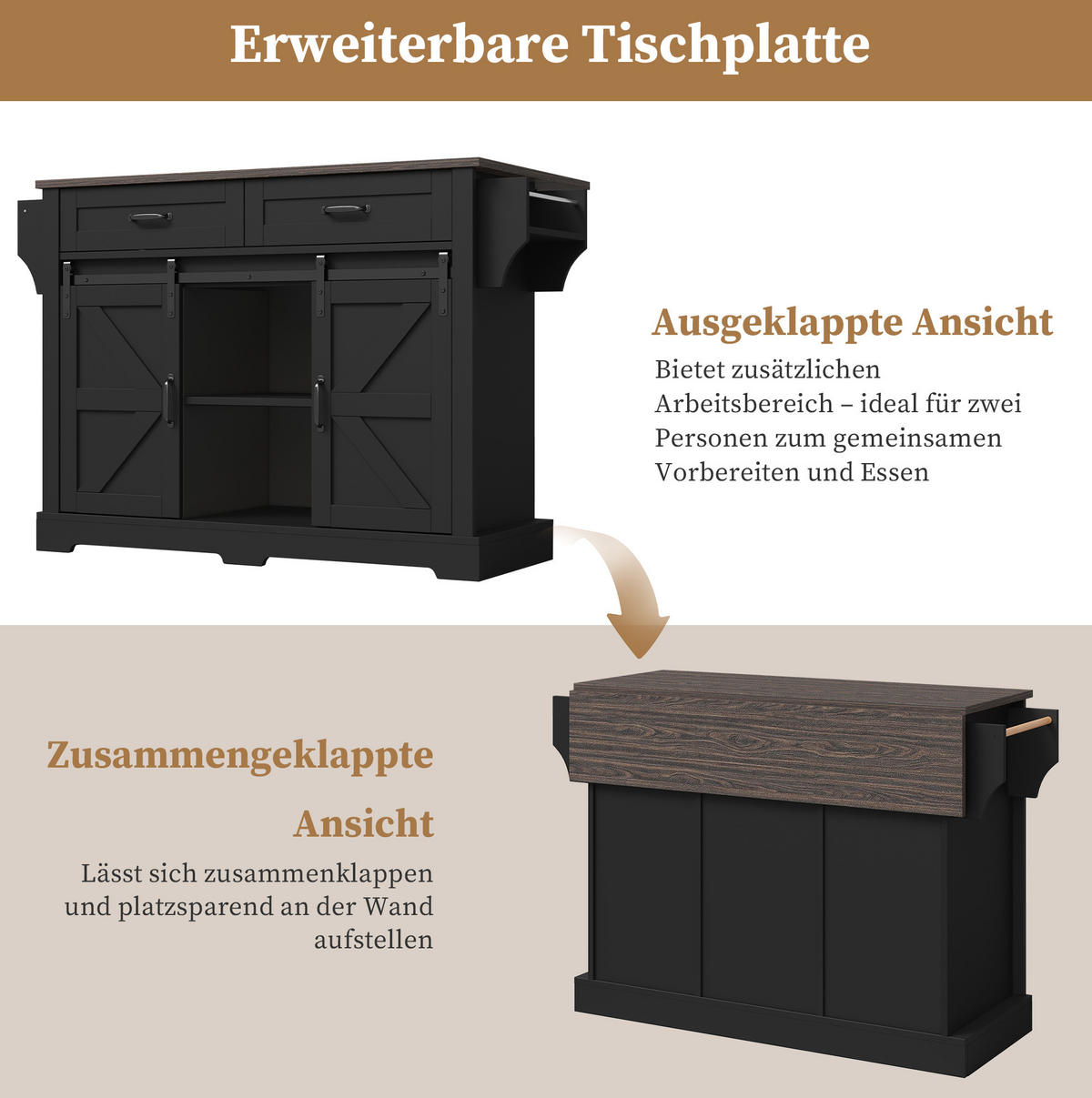 KÜCHENINSEL 120/45(70)/91 cm Schwarz aus MDF mit klappbarer Arbeitsplatte - Schwarz, Holzwerkstoff (70/91/120cm) - OKMYHOME