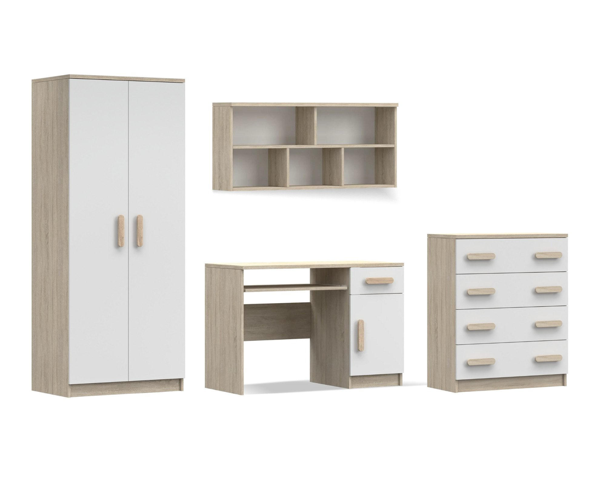 KINDERZIMMER-SET INGE III 4-teilig Weiß+Sonoma/Sonoma - Weiß/Sonoma Eiche, Holzwerkstoff (270/193/50cm) - Deine Möbel 24