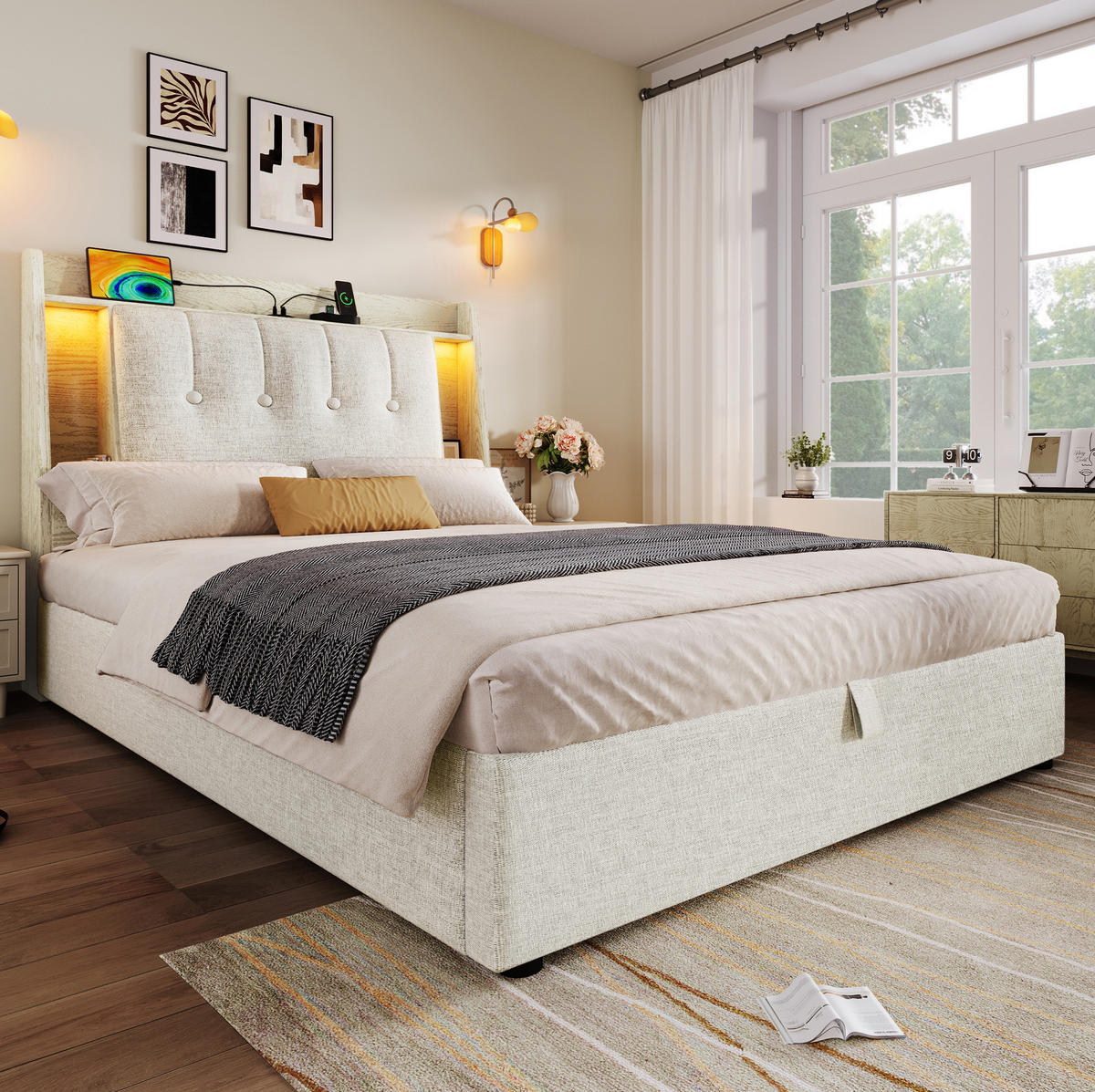 POLSTERBETT mit Stauraum, USB und LED 90x200 cm Leinen Beige - Beige, Metall (90/200cm) - Meubliv