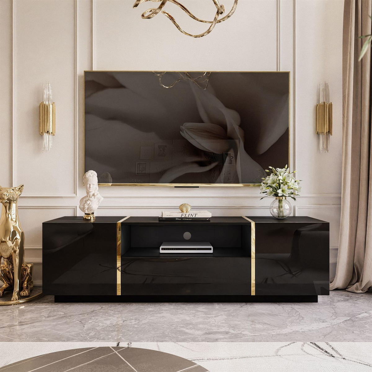 TV-ELEMENT ONYX HOCHGLANZ 158 CM PUSH OPEN - Schwarz, Holzwerkstoff (158/46/41.3cm) - Lookway