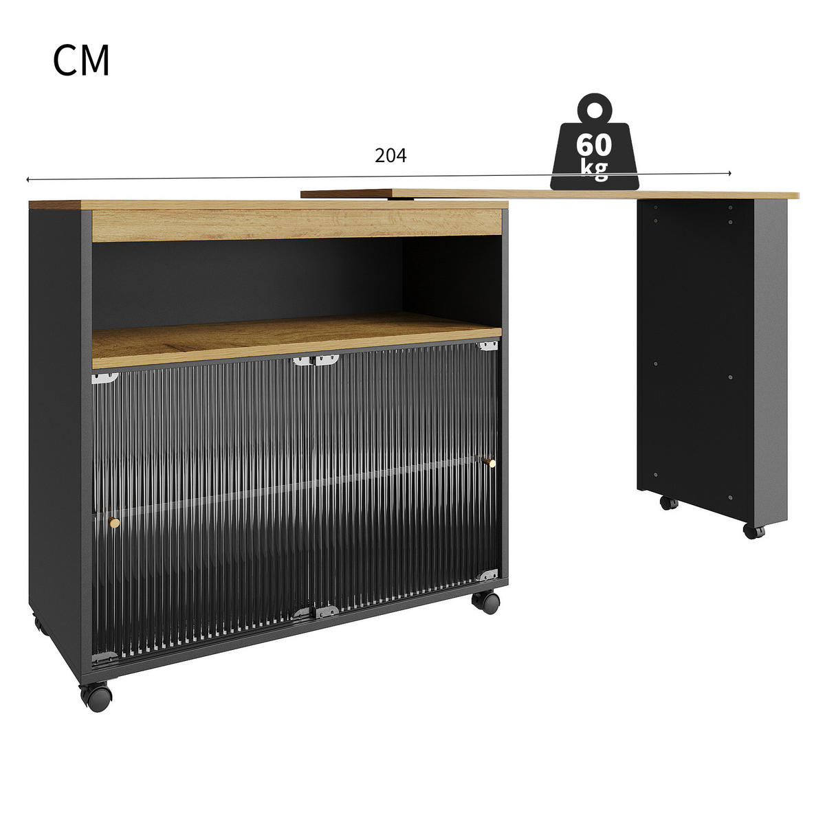 BARSKA miza 138-204/39/105 cm z izvlečno zasnovo, LED osvetlitvijo in prostori za shranjevanje, Črna - črna, leseni material (39/105/138cm) - Redom