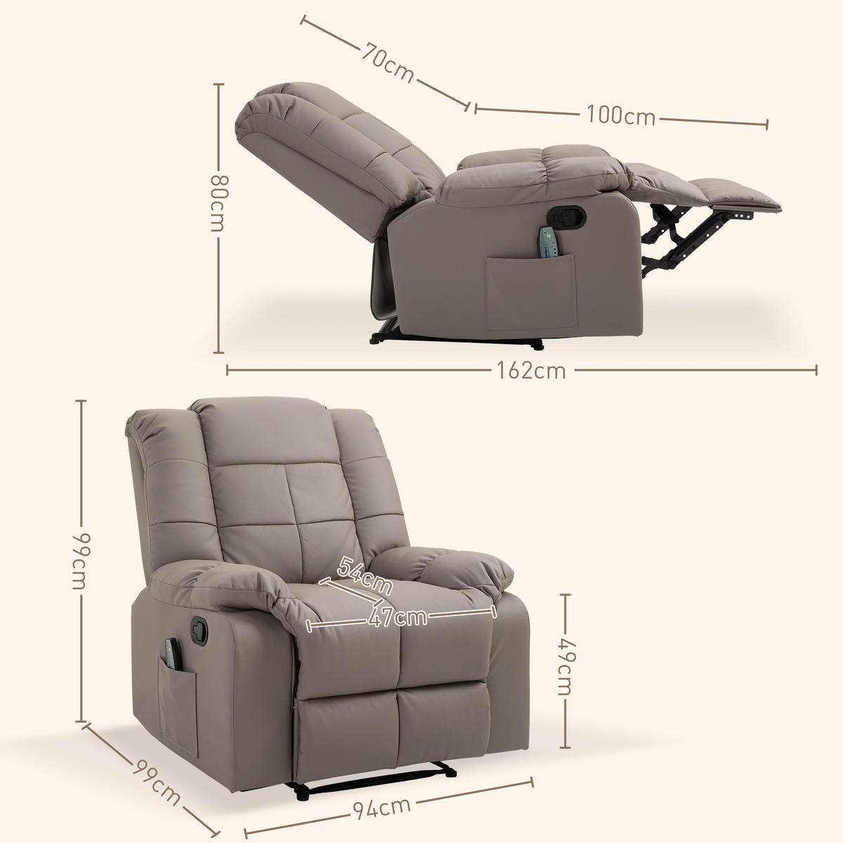 MASSAGESESSEL Elektrisch Fernsehsessel mit Liegefunktion 8 Massagepunkte Grau - Grau, Kunststoff/Metall (99/99/94cm) - HOMCOM