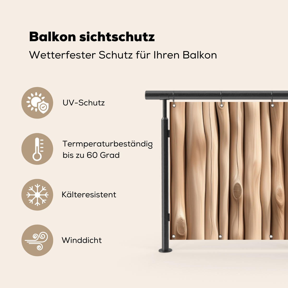 BALKON-SICHTSCHUTZ Holz - Stiel - Hellbraun - Ahornfarben, Kunststoff (200/110cm) - MuchoWow
