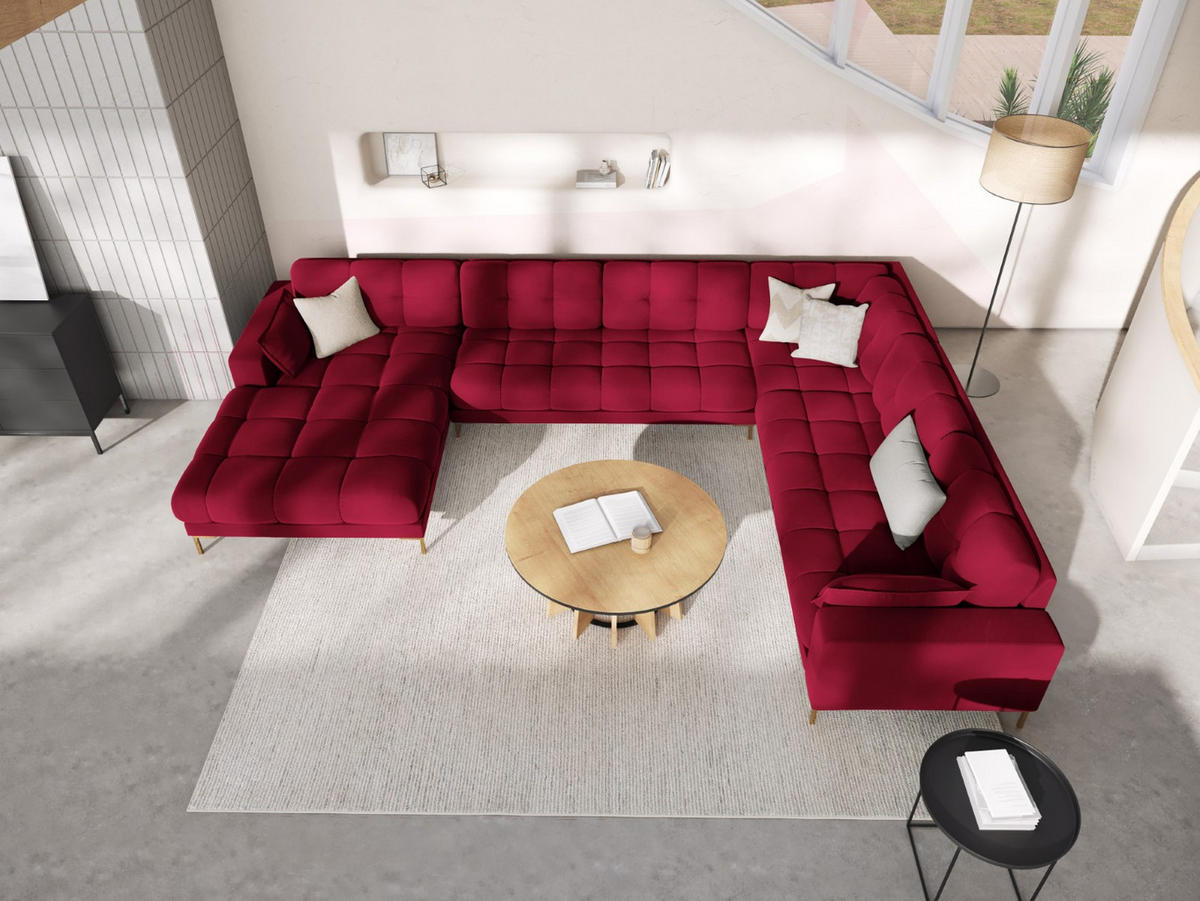 PANORAMASOFA rechts Mamaia aus Samt rot 7 Sitzplätze - Rot, Textil (256/75/327cm) - Micadoni