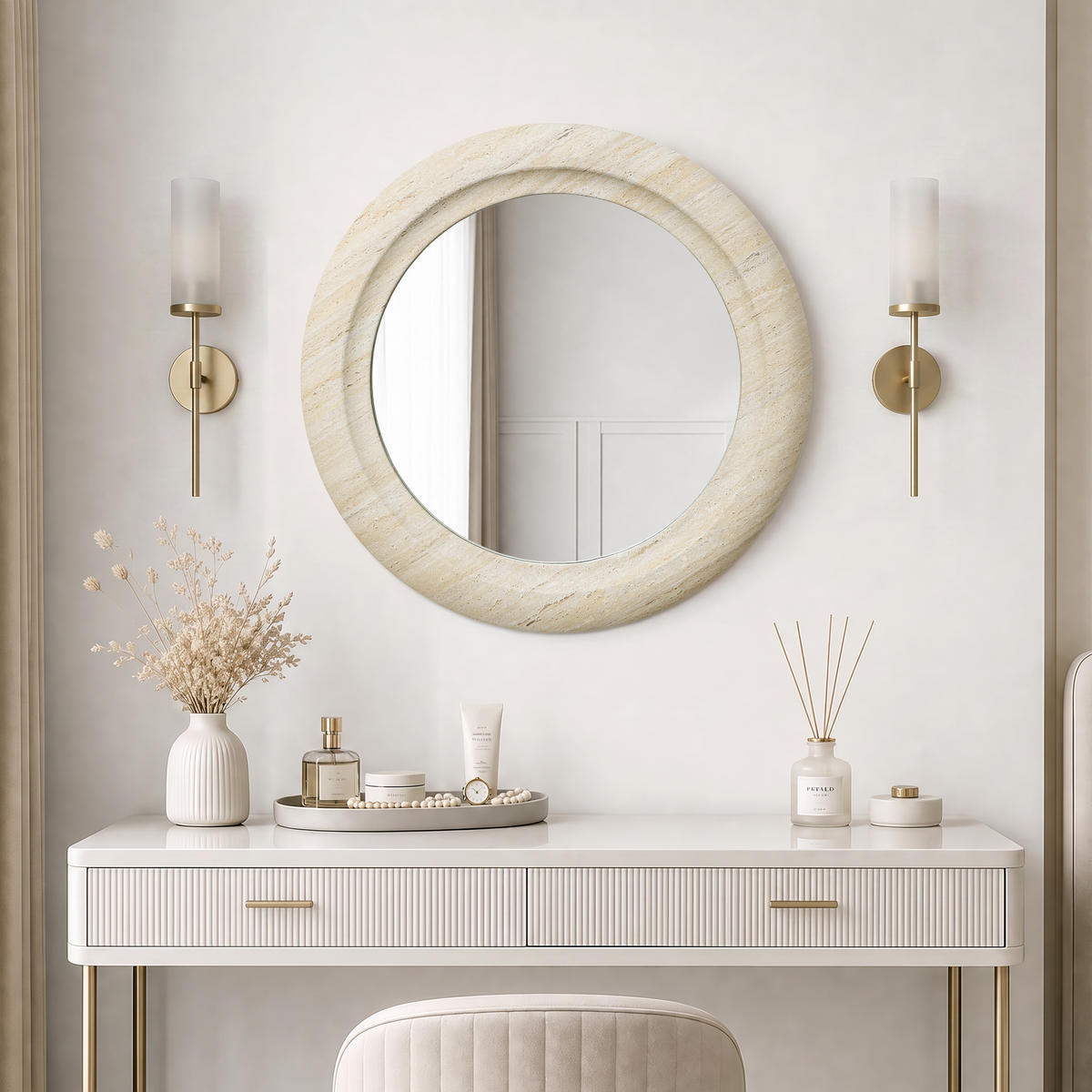 WANDSPIEGEL rund mit Holzrahmen Ø 52 cm - Beige, Glas/Holz (52/3/52cm)