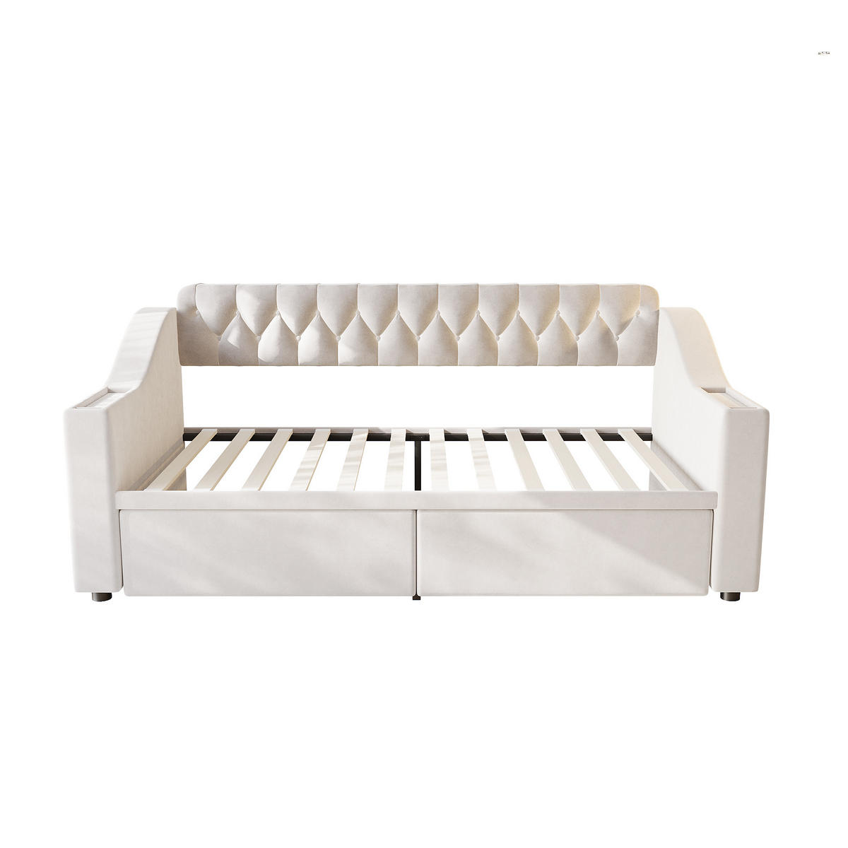 POLSTERBETT 90/190 cm Beige mit Stauraum und mit USB- und Type-C-Anschlüssen aus Samt - Beige, Textil (90/190cm) - OKWISH