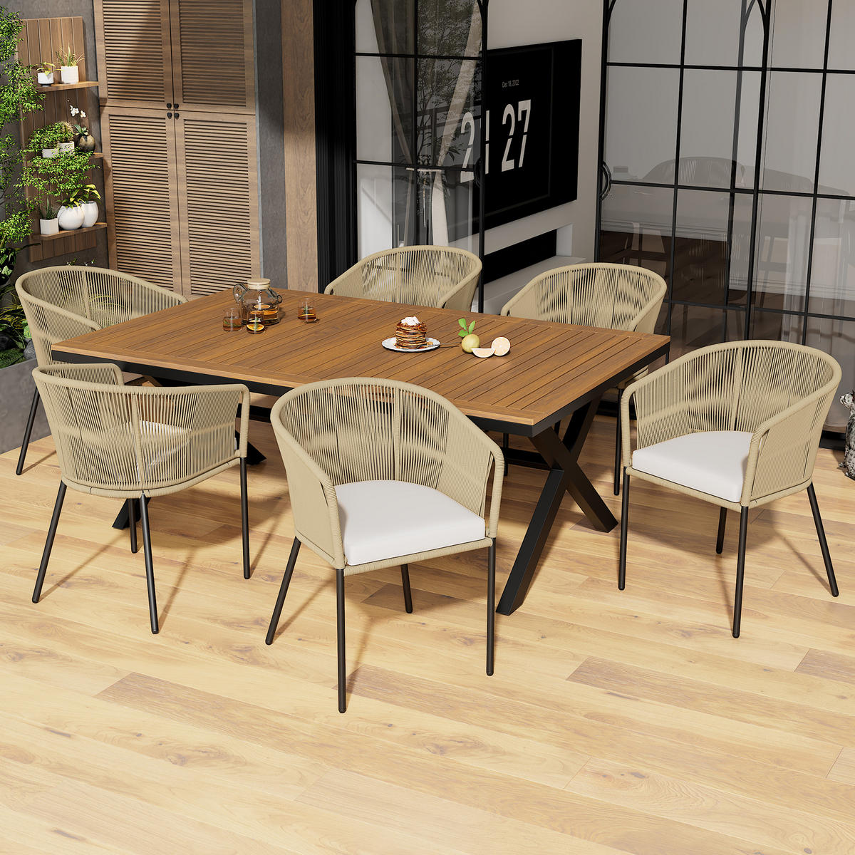 GARTENSET 7-TEILIG 6 Sessel 1 Tisch Seil & Akazienholz Kissen waschbar - Beige, Metall - FLIEKS