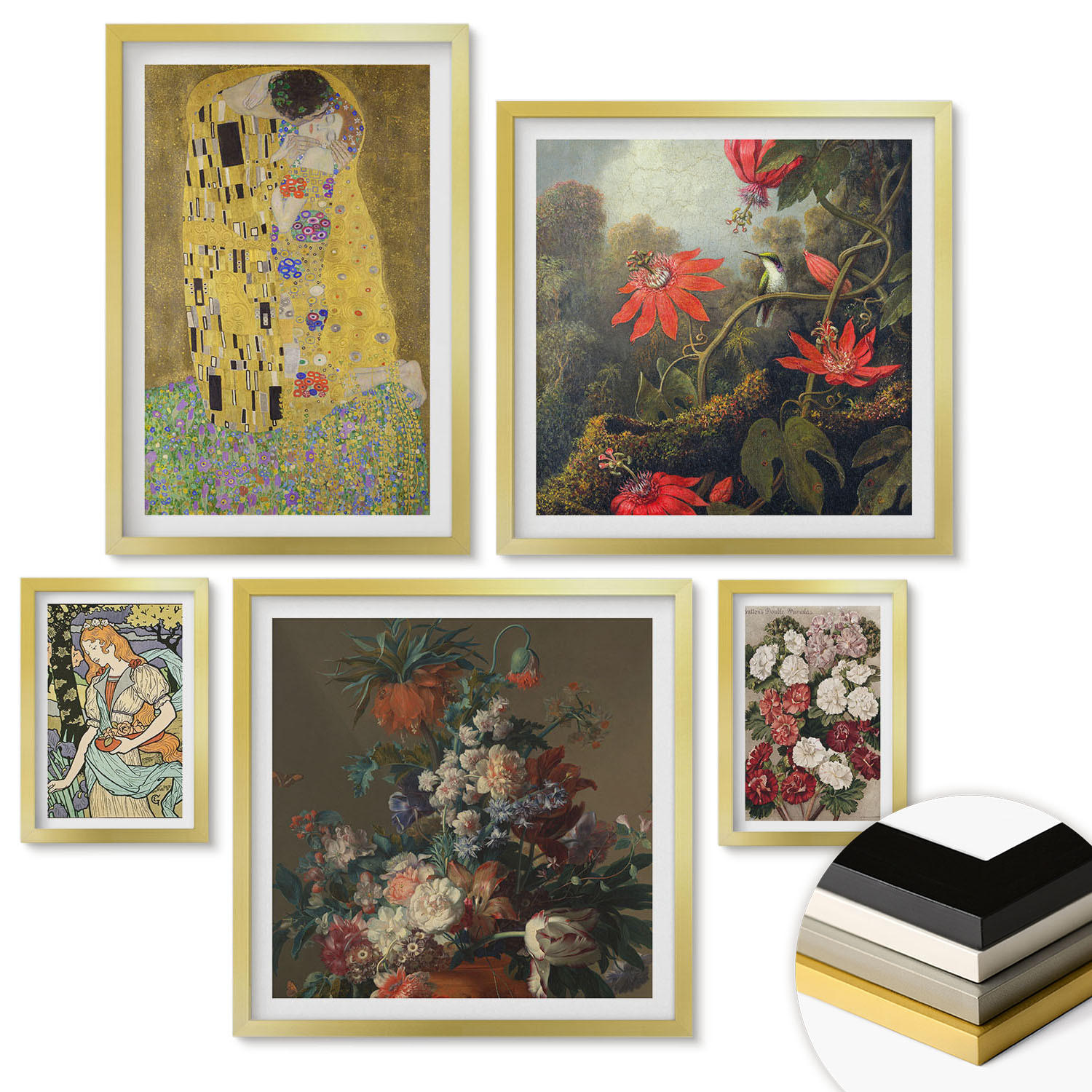 WANDBILDER 5er Set - 50x50 cm & 20x30 cm & 40x60 cm Goldrahmen - Blumen des Baumes (Gemälde von Klimt) - Goldfarben, Kunststoff (40/60cm) - ArtPrintCave