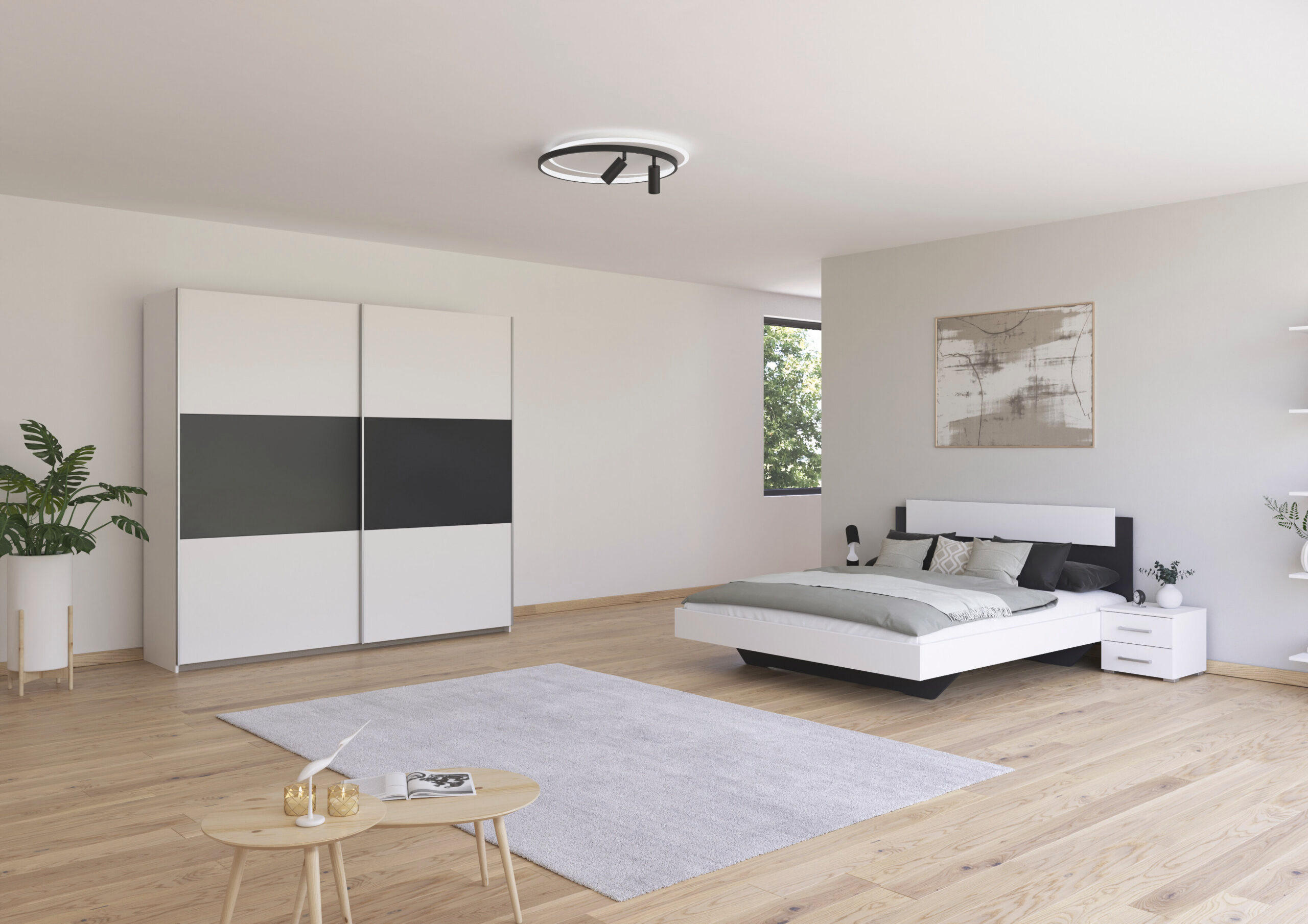 SCHLAFZIMMER Borba in Weiß und Grau 4 teilig – mit Bettanlage 160x200cm, zwei Nachttisch und Schwebetürenschrank 218cm Breite - Weiß, Holzwerkstoff (80/200/120cm)