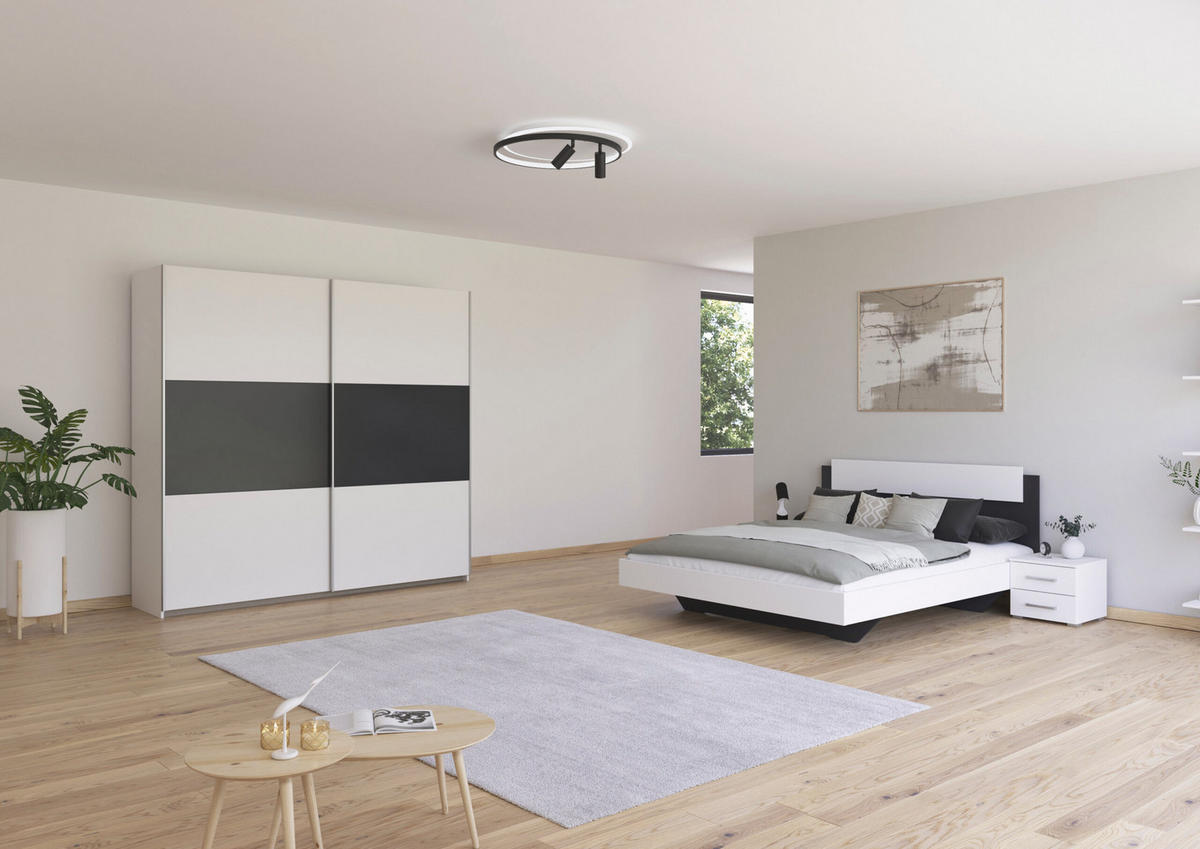 SCHLAFZIMMER Borba in Weiß und Grau 4 teilig – mit Bettanlage 160x200cm, zwei Nachttisch und Schwebetürenschrank 218cm Breite - Weiß, Holzwerkstoff (80/200/120cm)