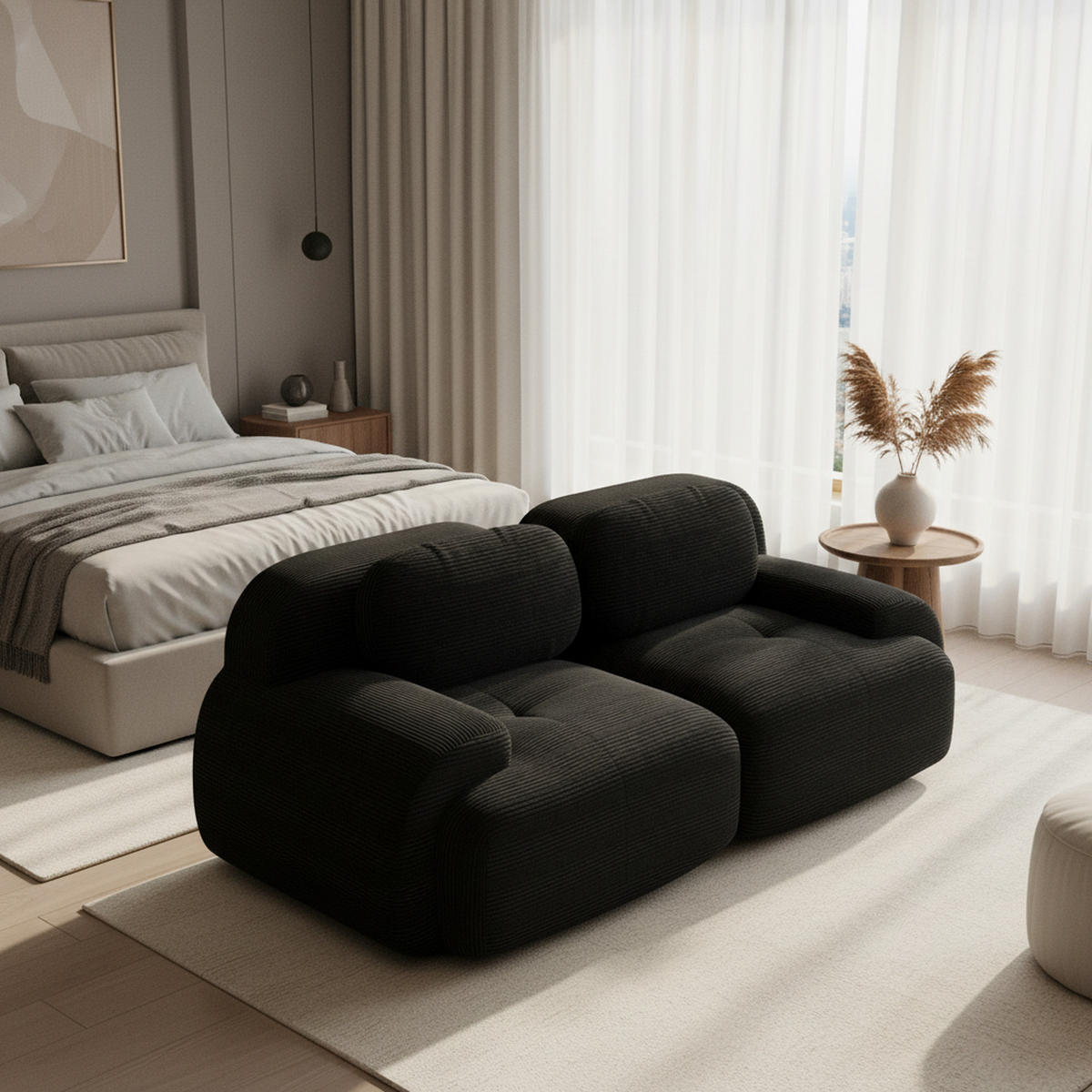 2-SITZER-SOFA in cordstoff rahmenloses design & modular kombinierbar - Schwarz, Textil (103/75/208cm) - Urban Meuble