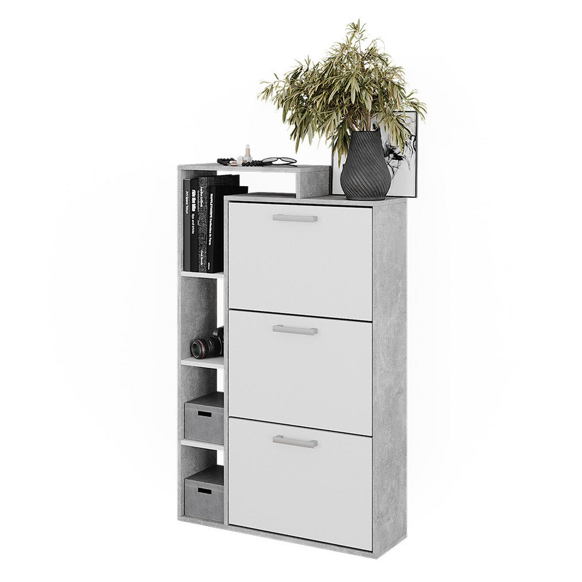SCHUHKOMMODE Orlando Beton 80 x 128.3 cm mit 3 Fächern - Schieferfarben/Weiß, Holzwerkstoff (80/128.3/24.2cm) - Vicco