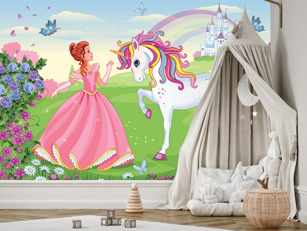 FOTOTAPETE für Kinderzimmer Prinzessin Einhorn Schloss Blumen 400x280 - Blau/Gelb, Papier (400/280cm) - Muralo